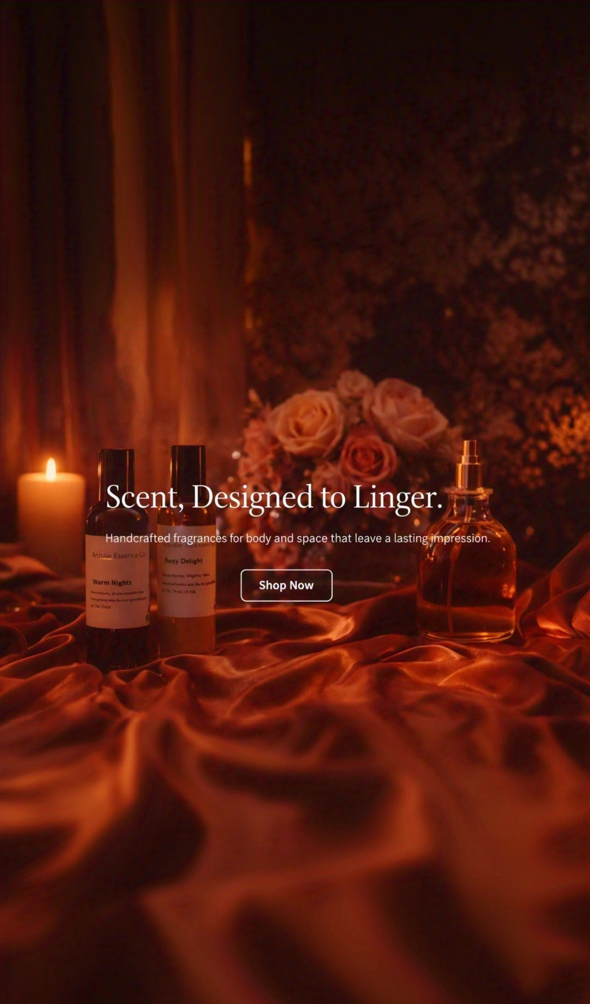 Amber-lit display of Main Page Essence fragrances—oil perfumes, body mists, and home scents by Anjolie Essence Co.