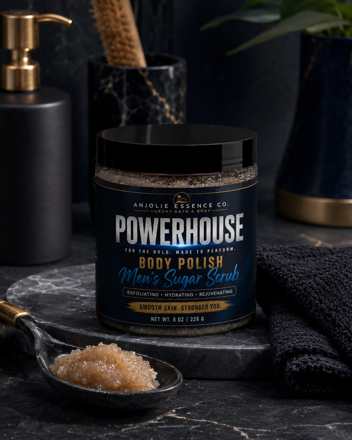 Powerhouse Mens Body Polish Sugar Scrub 8 Oz Fresh Woods Amber Musk by Anjolie's Essence Co.