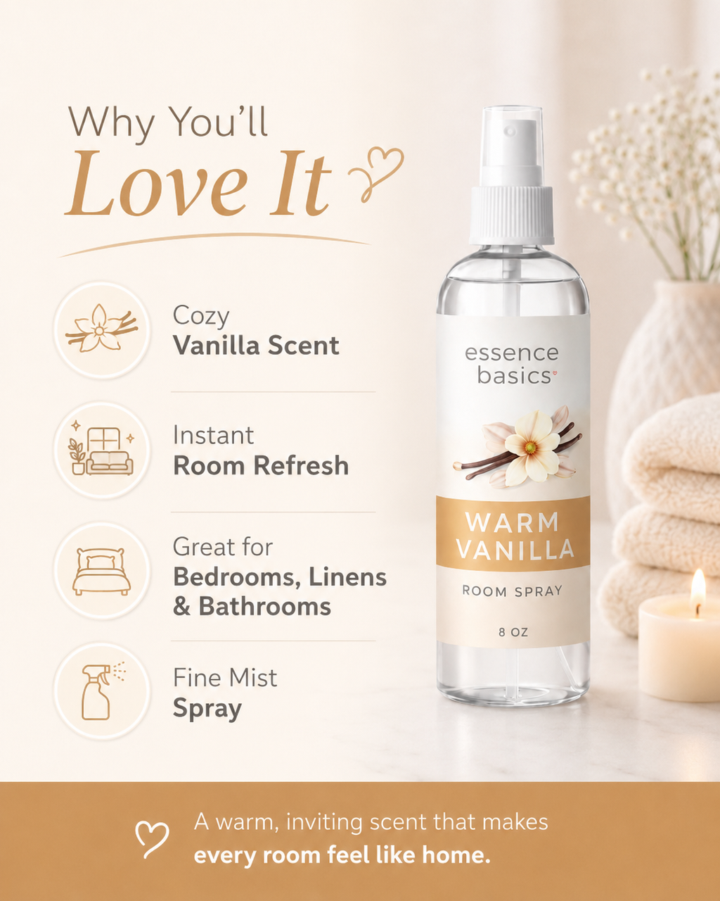 Warm Vanilla Room and Linen Spray Home Fragrance Fabric Mist 8 Oz by Anjolie's Essence Co.