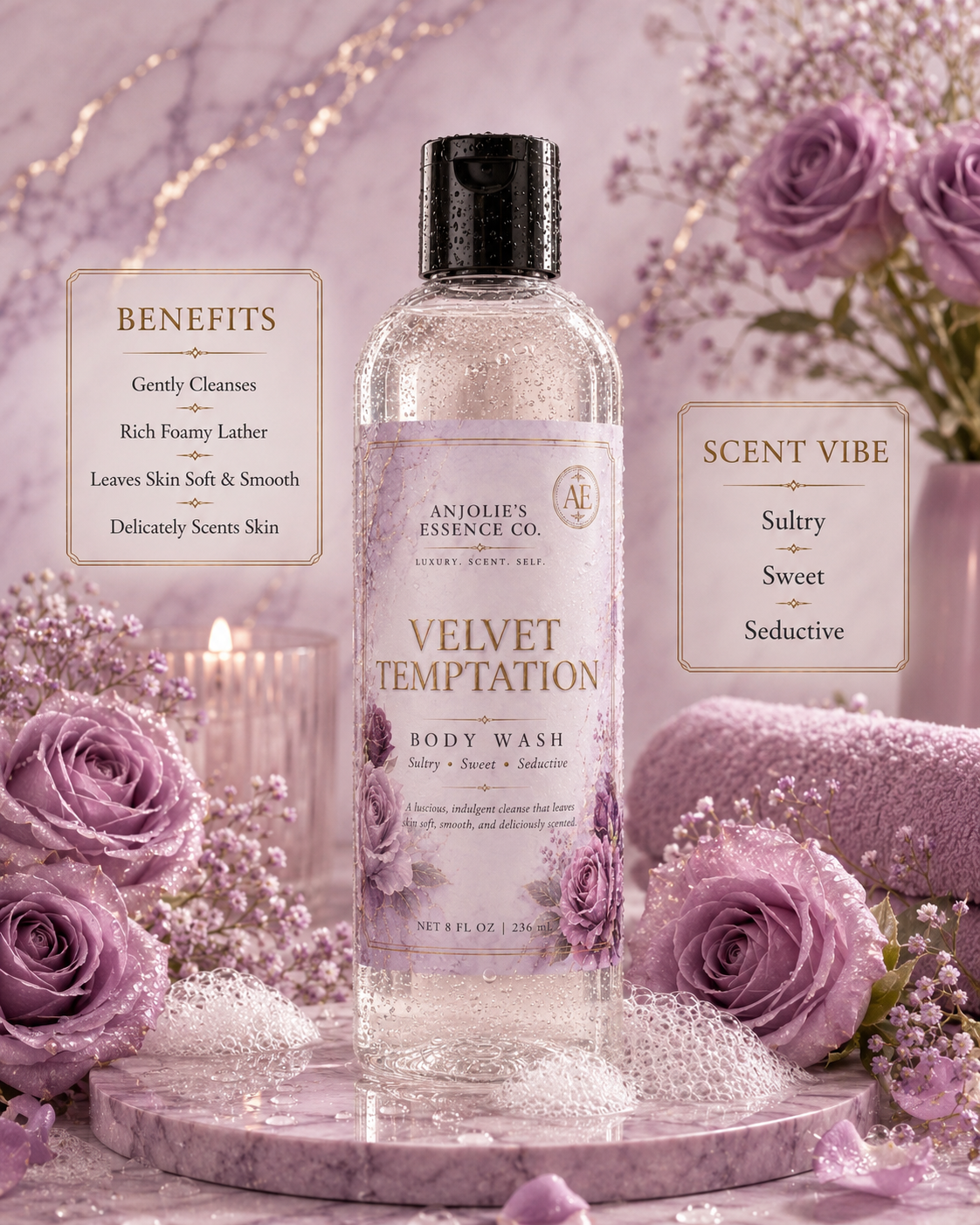 Velvet Temptation Body Wash 8 Oz With Warm Vanilla Floral Fragrance by Anjolie's Essence Co.