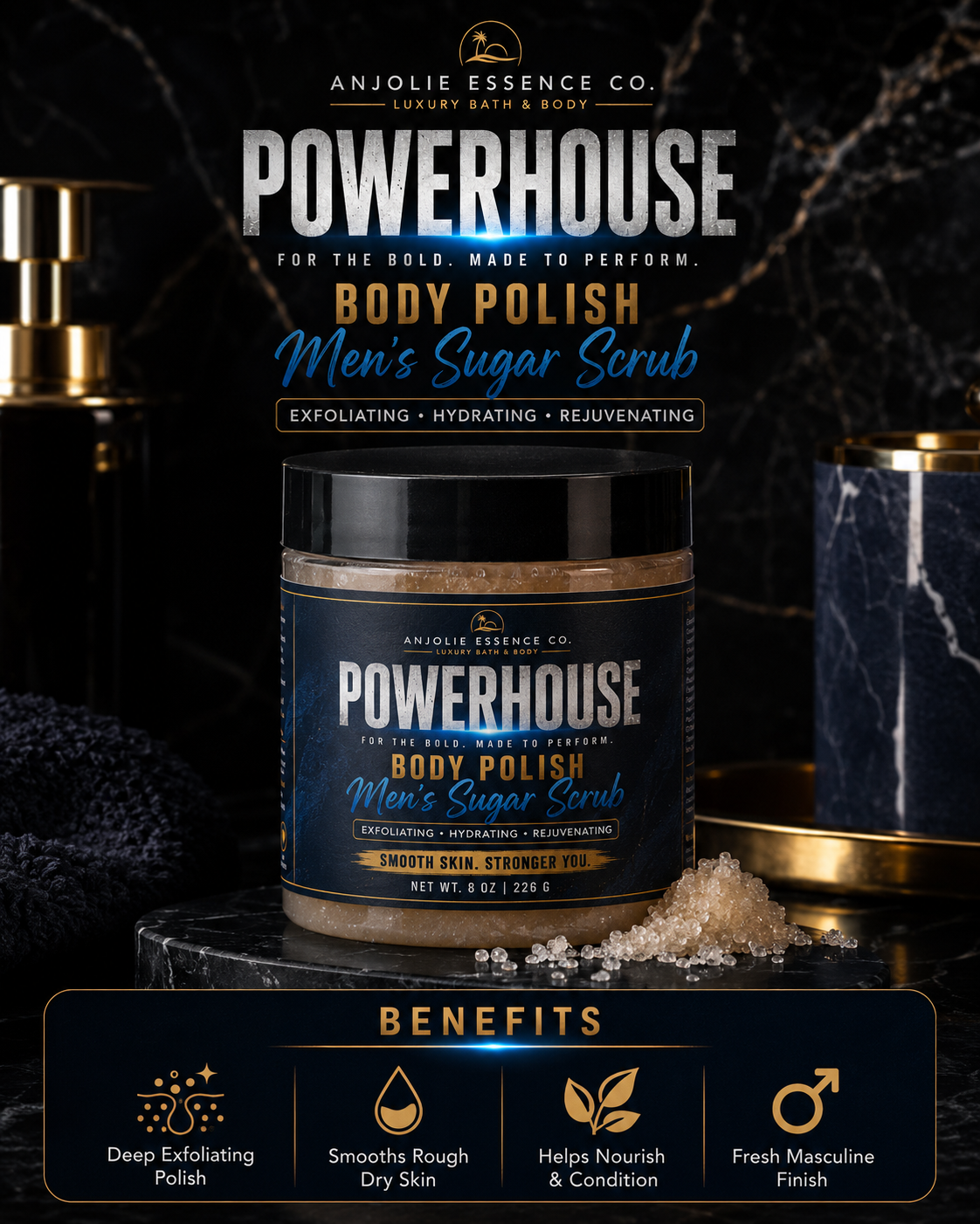 Powerhouse Mens Body Polish Sugar Scrub 8 Oz Fresh Woods Amber Musk by Anjolie's Essence Co.