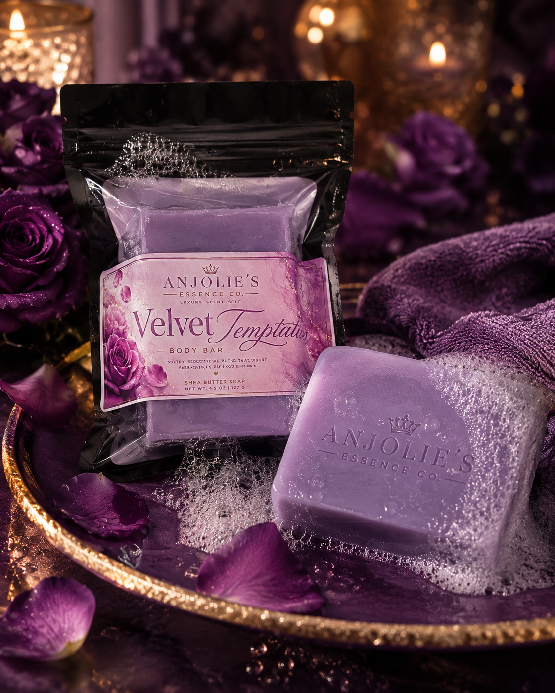 Velvet Temptation Body Bar Soap Four And A Half Ounce Warm Vanilla Floral Fragrance by Anjolie's Essence Co.