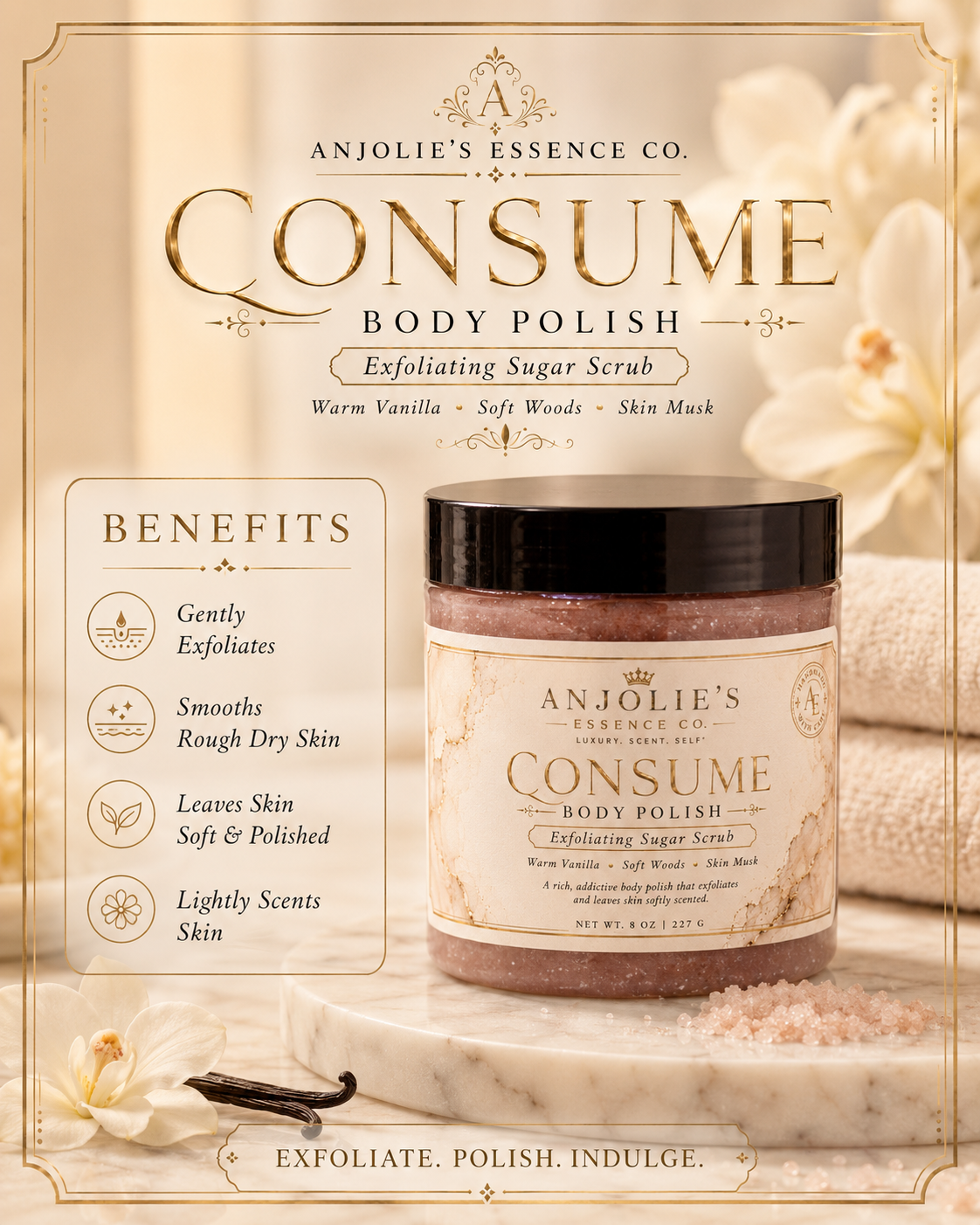 Consume Body Polish Sugar Scrub 8 Oz Warm Vanilla Woods And Musk by Anjolie's Essence Co.