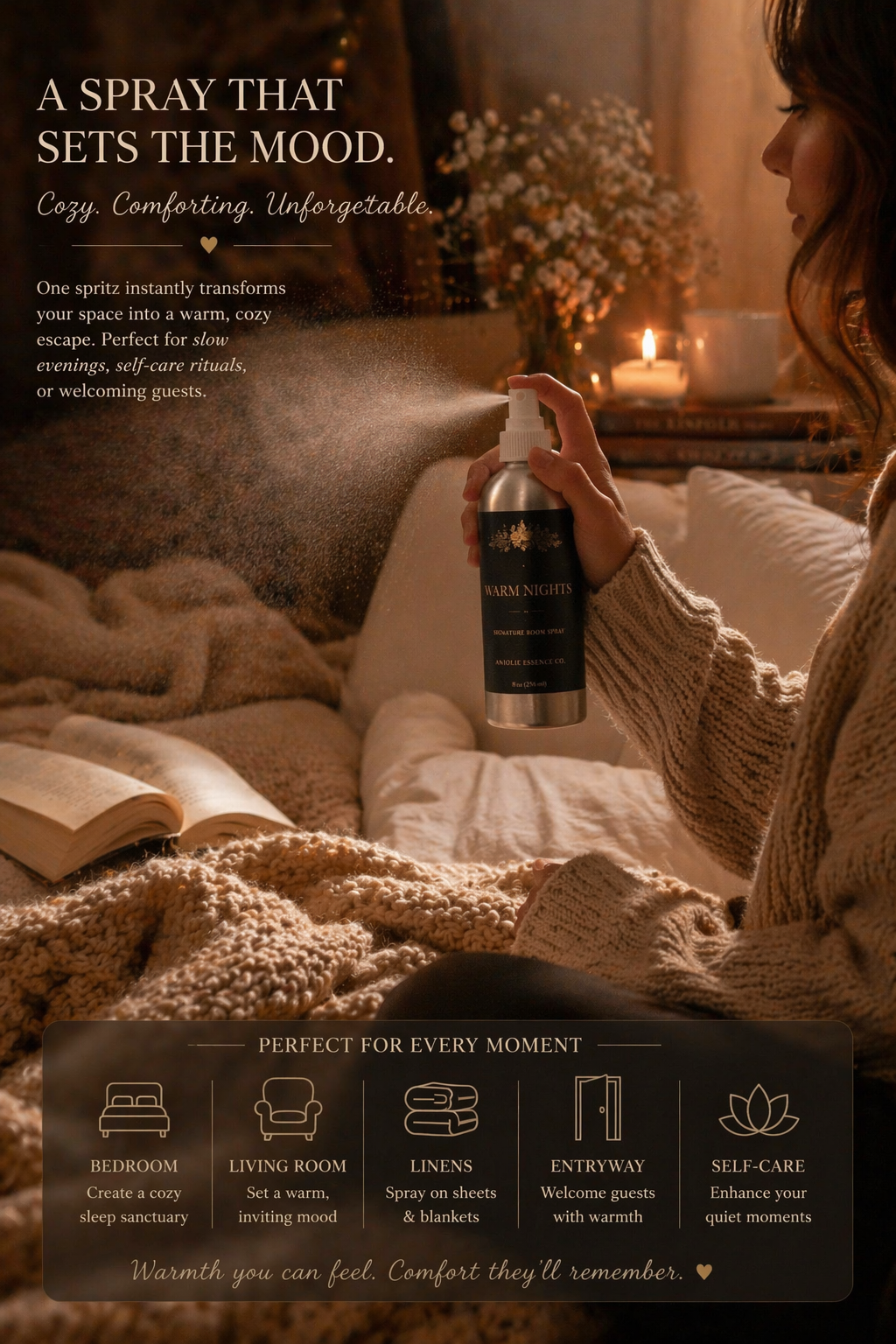 Warm Nights Signature Room Spray 8 Oz Premium Home Fragrance Mist for Cozy Atmosphere by Anjolie's Essence Co.