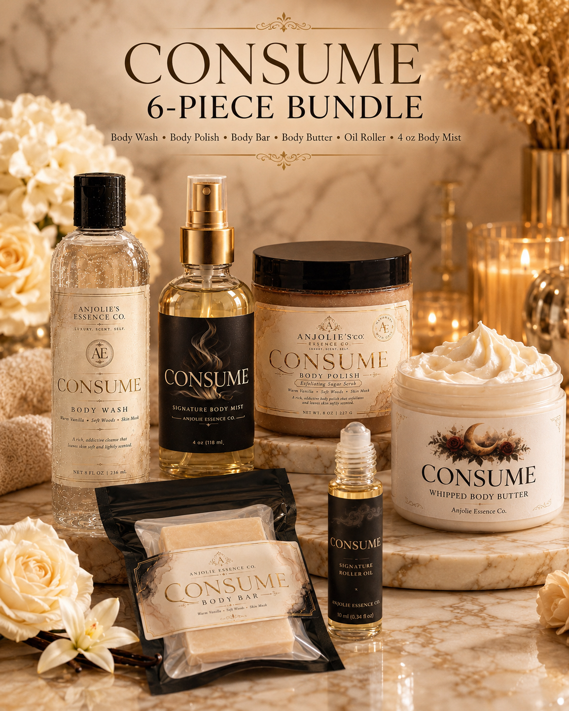 Anjolie Essence Co Consume Six Piece Bath And Body Gift Set Vanilla Fragrance by Anjolie's Essence Co.