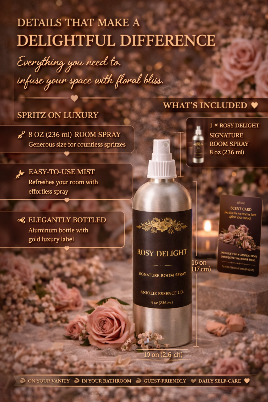 Anjolie Essence Co Rosy Delight Signature Room Spray 8 Oz Floral Home Fragrance Elevate Your Space by Anjolie's Essence Co.