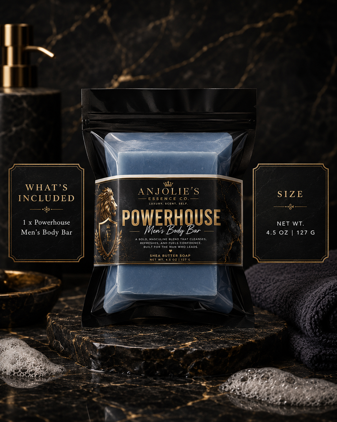Powerhouse Mens Body Bar Soap 4.5 Oz With Fresh Woods Amber And Musk by Anjolie's Essence Co.