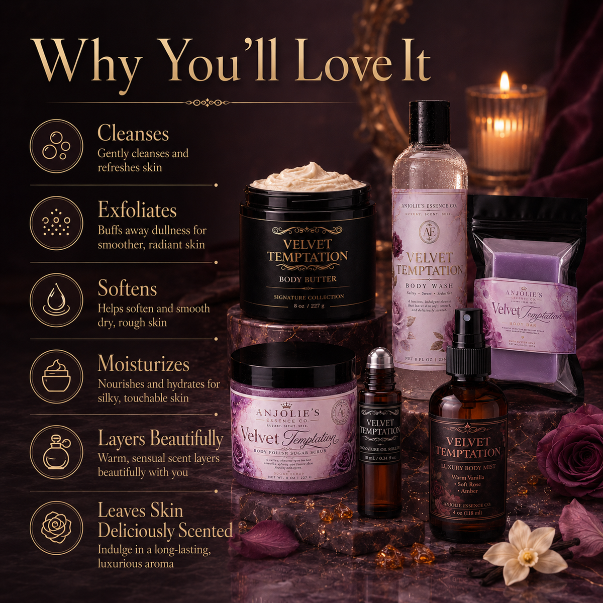 Velvet Temptation 6 Piece Bath and Body Gift Set Luxury Fragrance Routine by Anjolie's Essence Co.