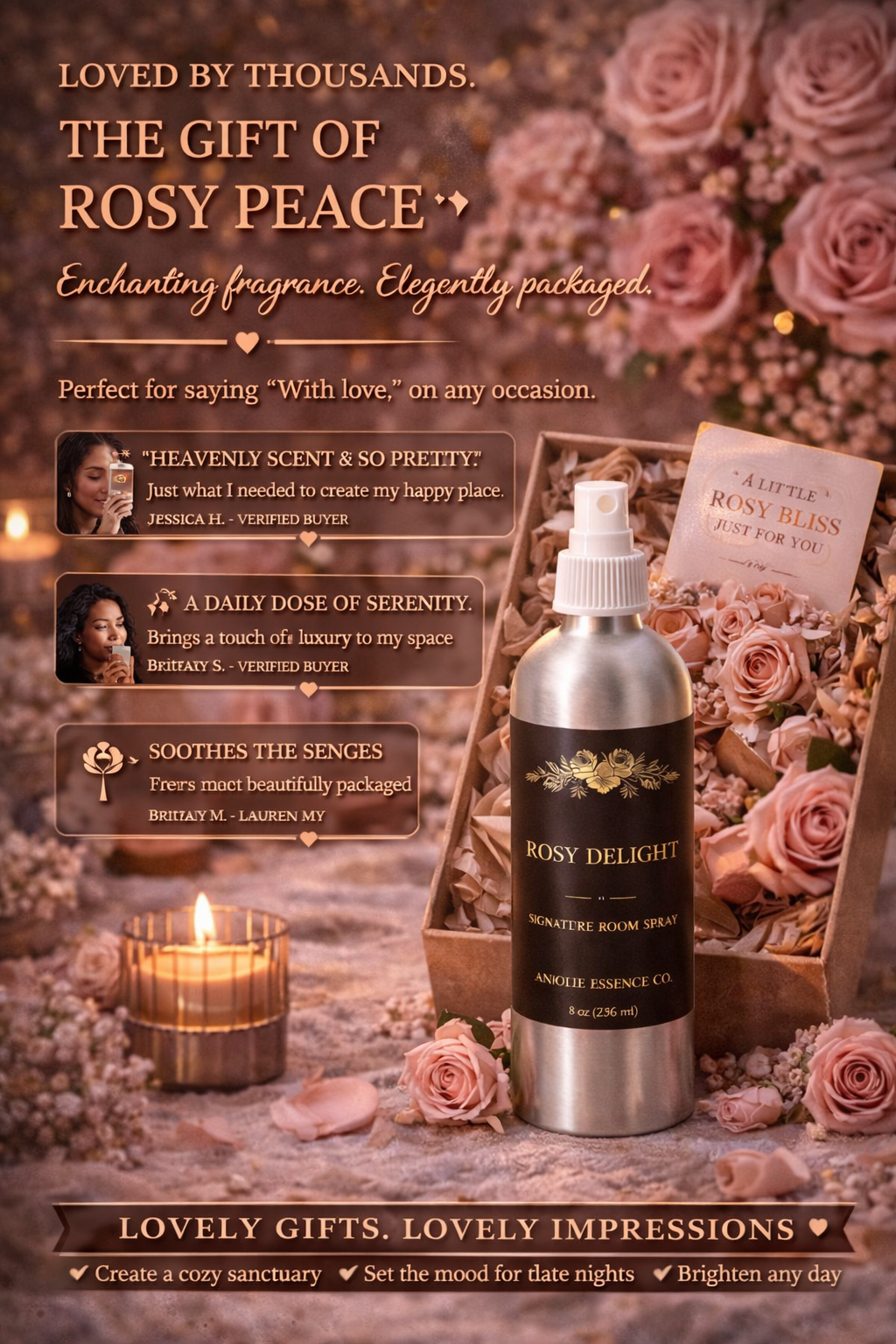 Anjolie Essence Co Rosy Delight Signature Room Spray 8 Oz Floral Home Fragrance Elevate Your Space by Anjolie's Essence Co.