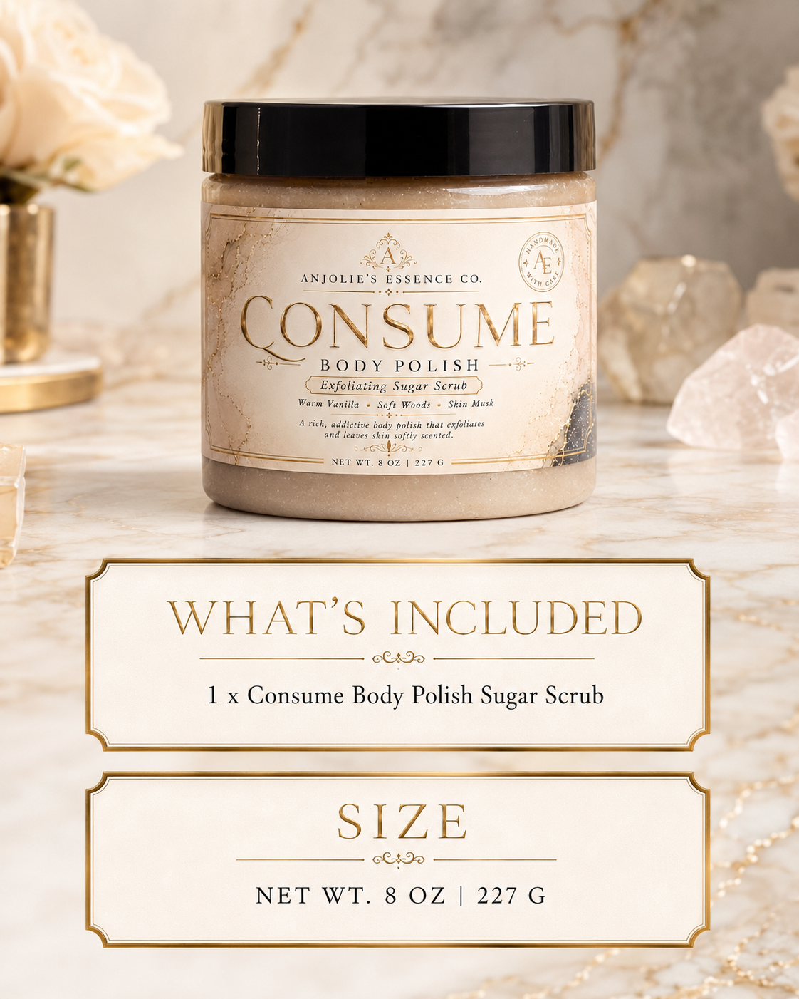 Consume Body Polish Sugar Scrub 8 Oz Warm Vanilla Woods And Musk by Anjolie's Essence Co.