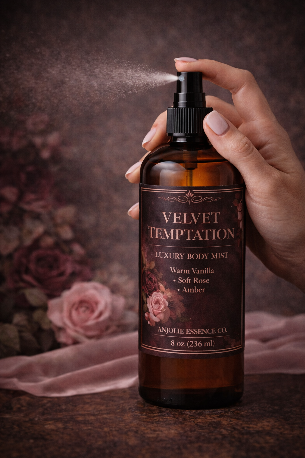 Velvet Temptation Luxury Body Mist By Anjolie Essence Co For Women Long Lasting Soft Rose Vanilla Amber by Anjolie's Essence Co.