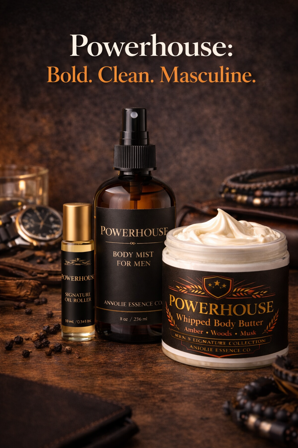 Powerhouse Men Fragrance Layering Set With Perfume Oil Mist And Body Butter by Anjolie's Essence Co.
