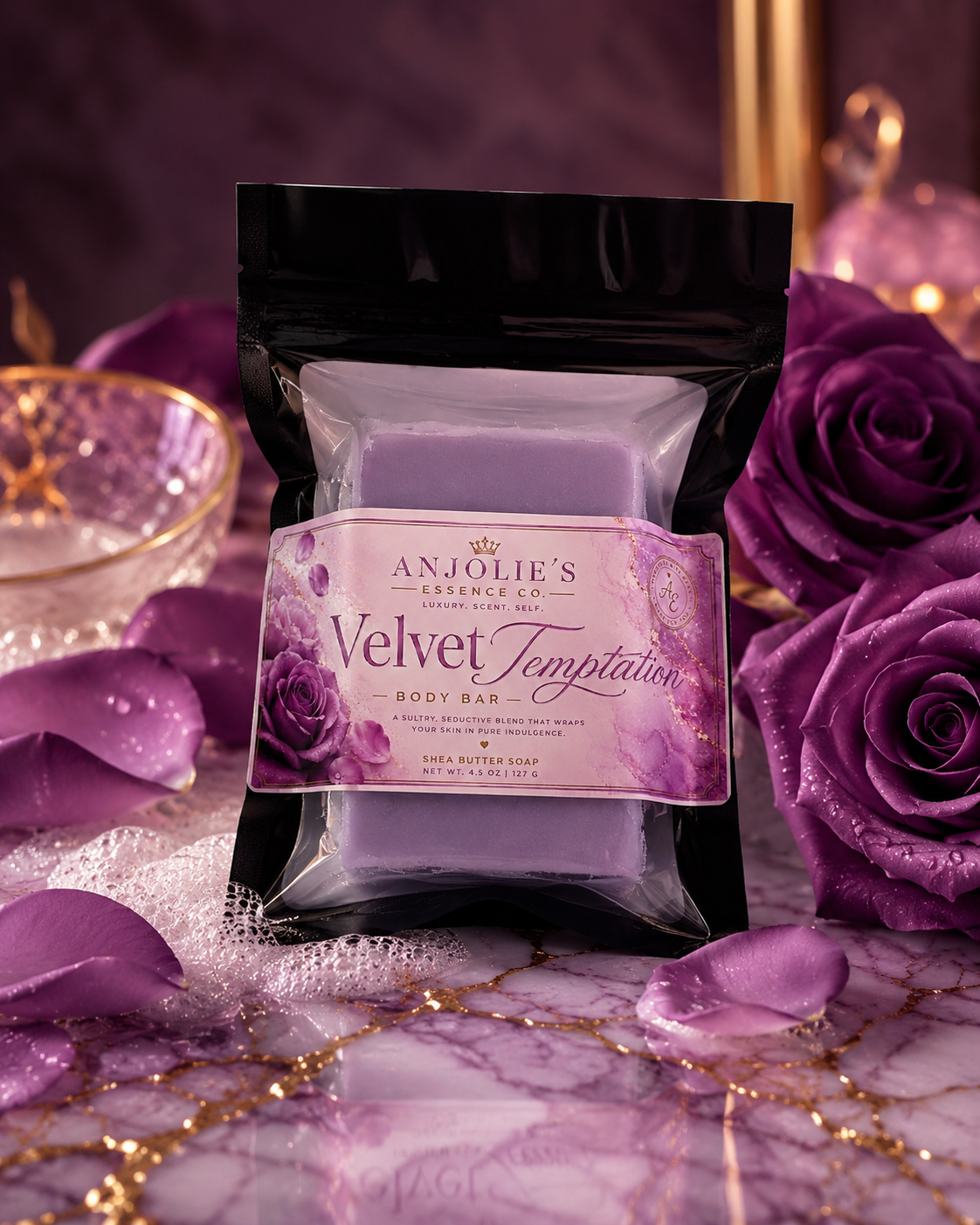 Velvet Temptation Body Bar Soap Four And A Half Ounce Warm Vanilla Floral Fragrance by Anjolie's Essence Co.