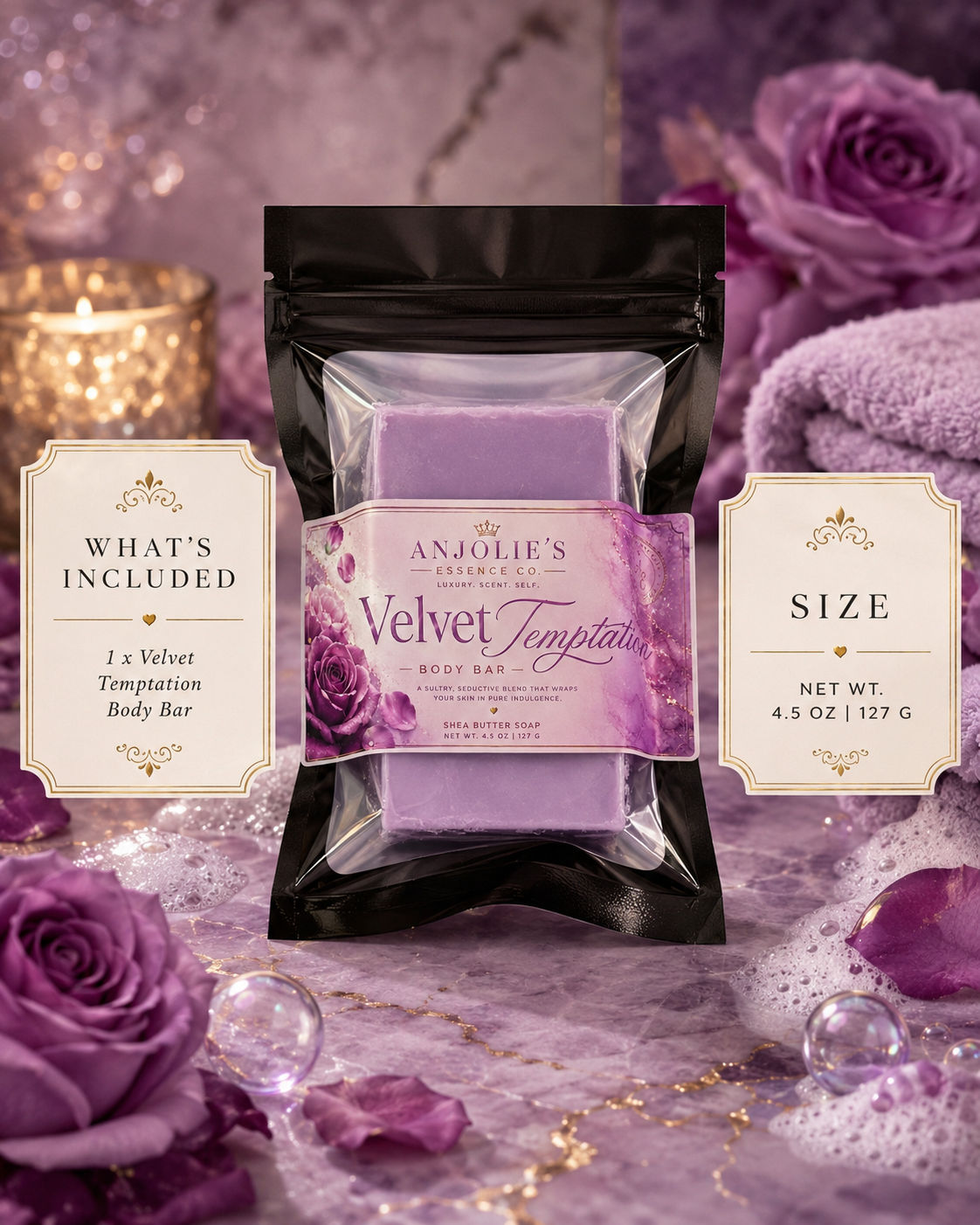 Velvet Temptation Body Bar Soap Four And A Half Ounce Warm Vanilla Floral Fragrance by Anjolie's Essence Co.