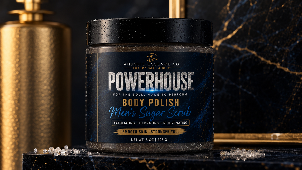 Powerhouse Mens Body Polish Sugar Scrub 8 Oz Fresh Woods Amber Musk by Anjolie's Essence Co.