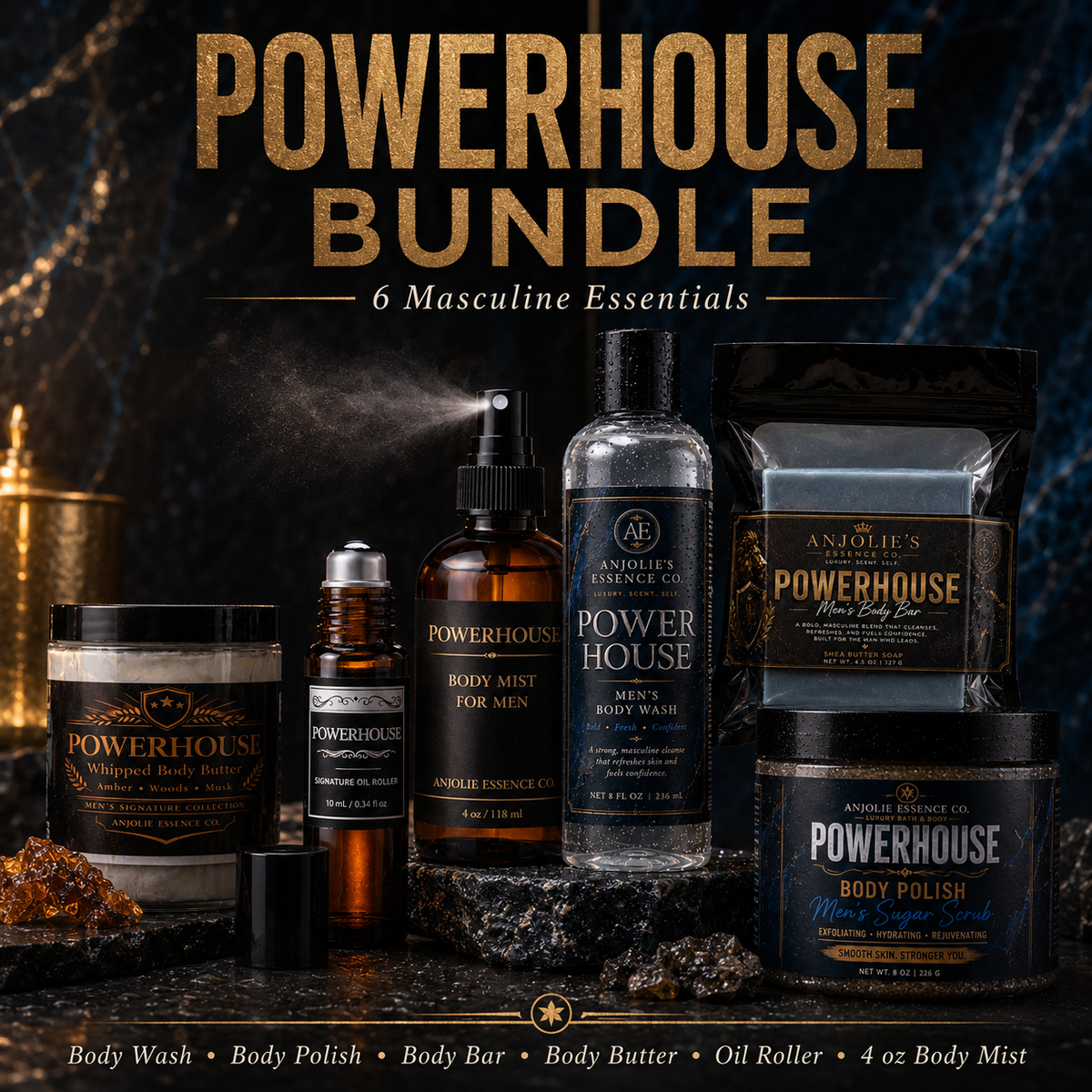 Powerhouse Mens 6 Piece Bath and Body Gift Set for Men Grooming Routine by Anjolie's Essence Co.