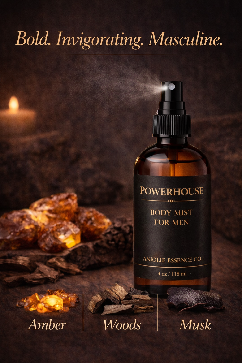 Powerhouse Mens Body Mist with Fresh Woods Amber and Musk by Anjolie's Essence Co.