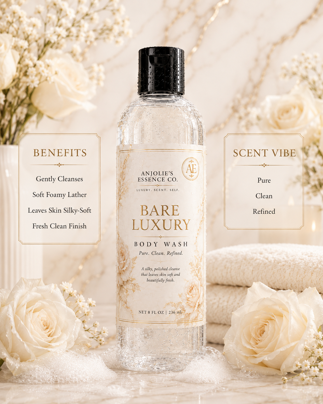 Bare Luxury Body Wash 8 Oz Clean Linen Musk Fragrance Shower Gel by Anjolie's Essence Co.