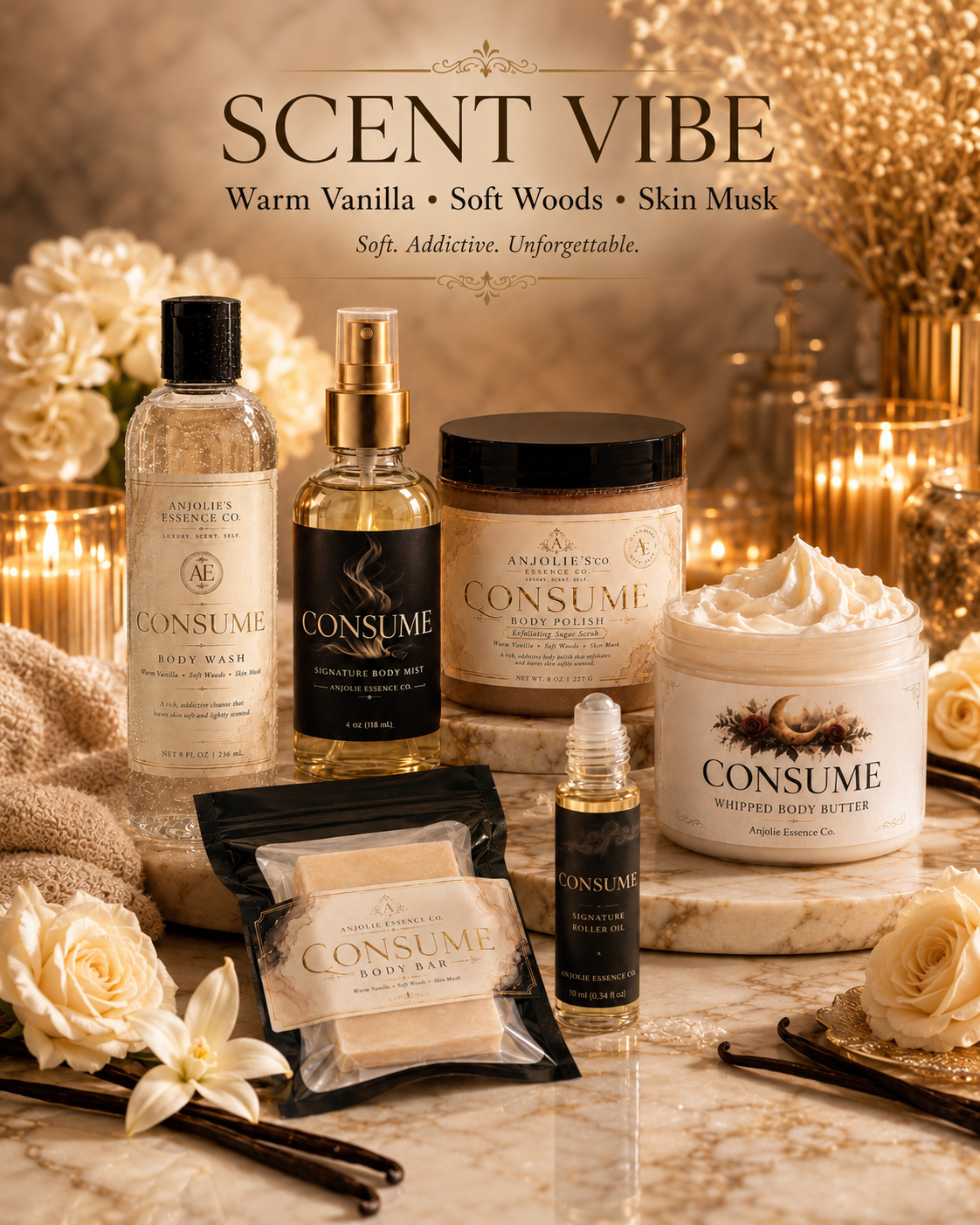 Anjolie Essence Co Consume Six Piece Bath And Body Gift Set Vanilla Fragrance by Anjolie's Essence Co.