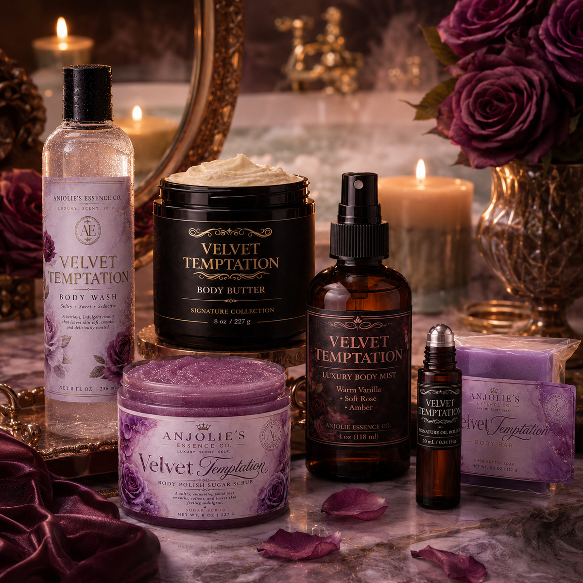 Velvet Temptation 6 Piece Bath and Body Gift Set Luxury Fragrance Routine by Anjolie's Essence Co.