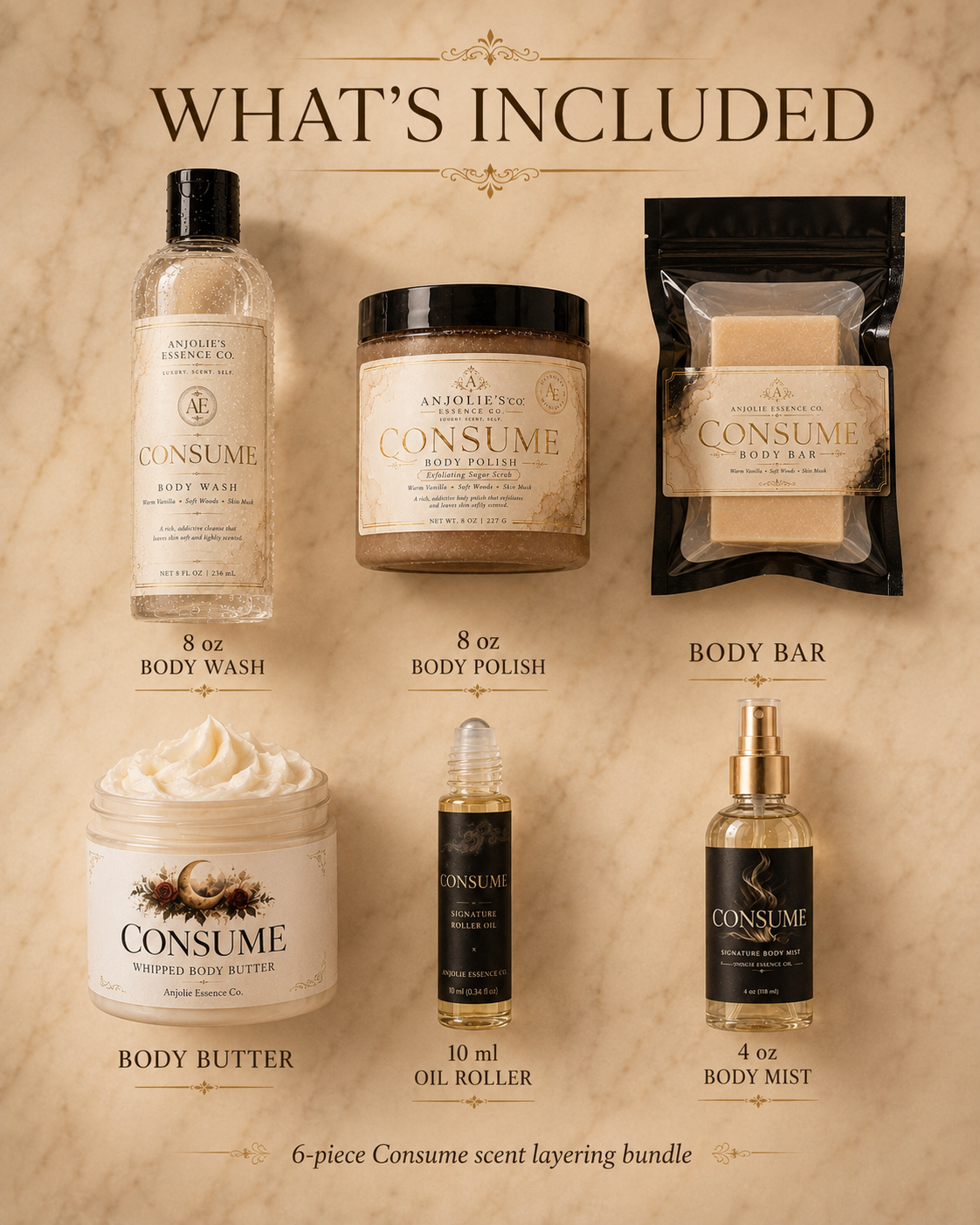 Anjolie Essence Co Consume Six Piece Bath And Body Gift Set Vanilla Fragrance by Anjolie's Essence Co.