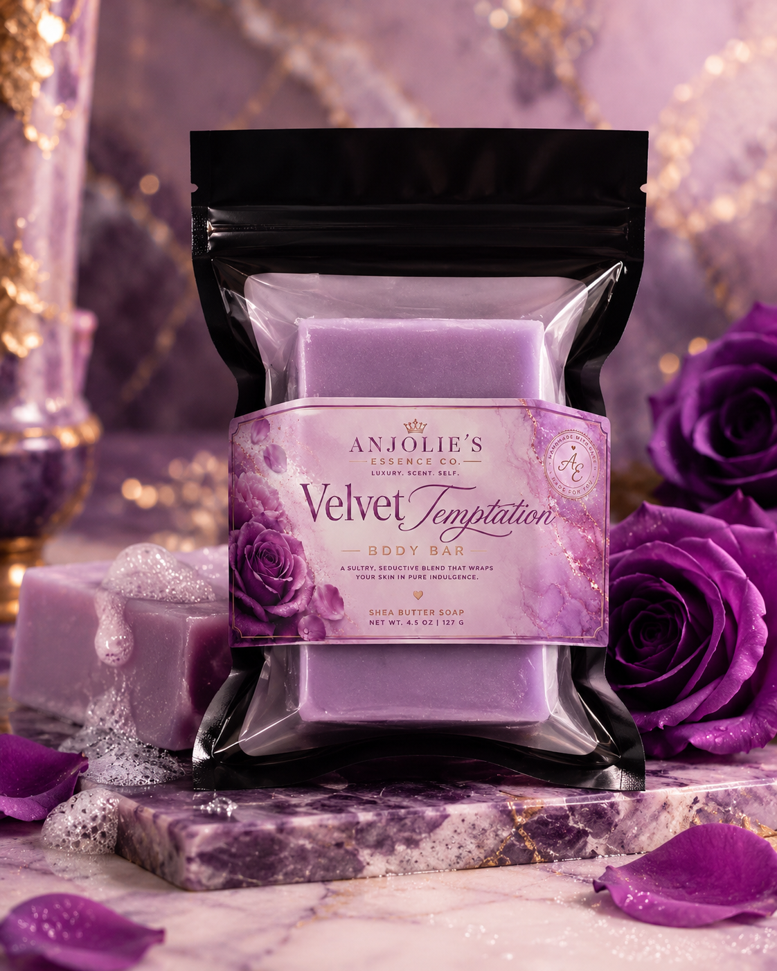 Velvet Temptation Body Bar Soap Four And A Half Ounce Warm Vanilla Floral Fragrance by Anjolie's Essence Co.
