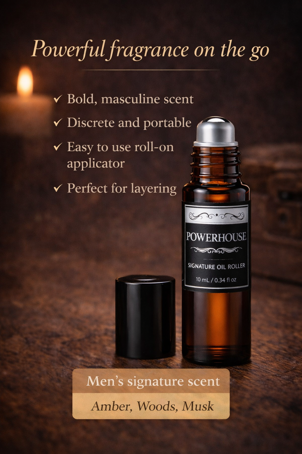 Powerhouse Mens Perfume Oil Roller 10 mL Fresh Woods Amber and Musk by Anjolie's Essence Co.