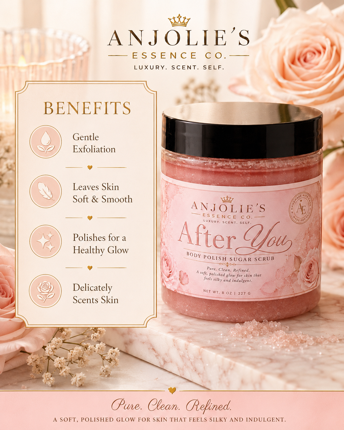 After You Body Polish Sugar Scrub 8 Oz With Soft Floral Musk by Anjolie's Essence Co.
