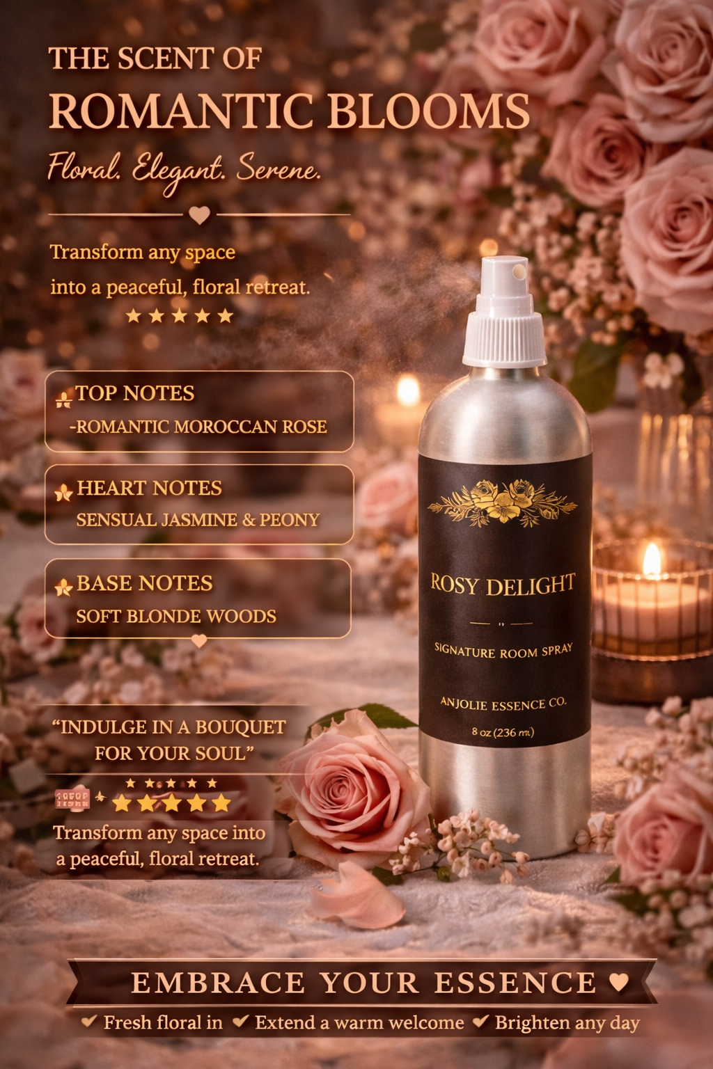 Anjolie Essence Co Rosy Delight Signature Room Spray 8 Oz Floral Home Fragrance Elevate Your Space by Anjolie's Essence Co.