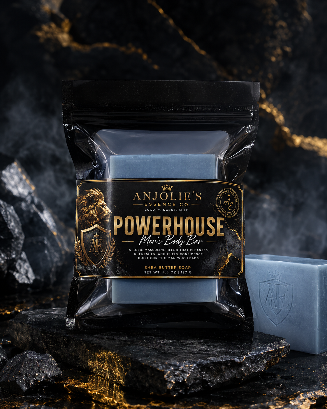 Powerhouse Mens Body Bar Soap 4.5 Oz With Fresh Woods Amber And Musk by Anjolie's Essence Co.