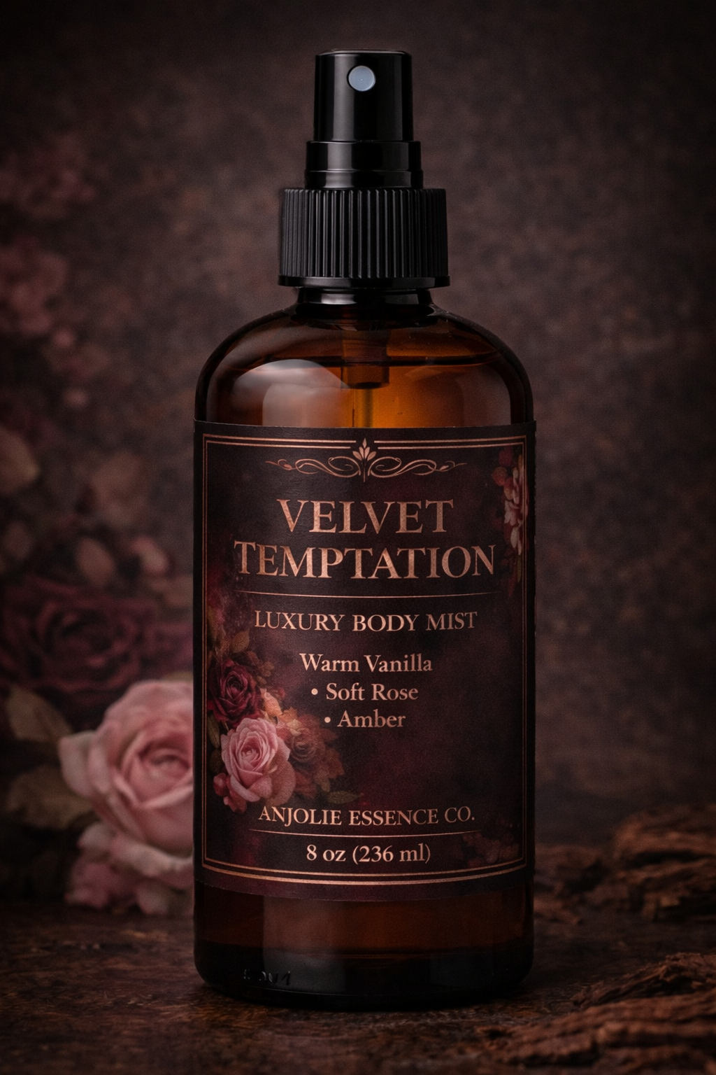 Velvet Temptation Luxury Body Mist By Anjolie Essence Co For Women Long Lasting Soft Rose Vanilla Amber by Anjolie's Essence Co.