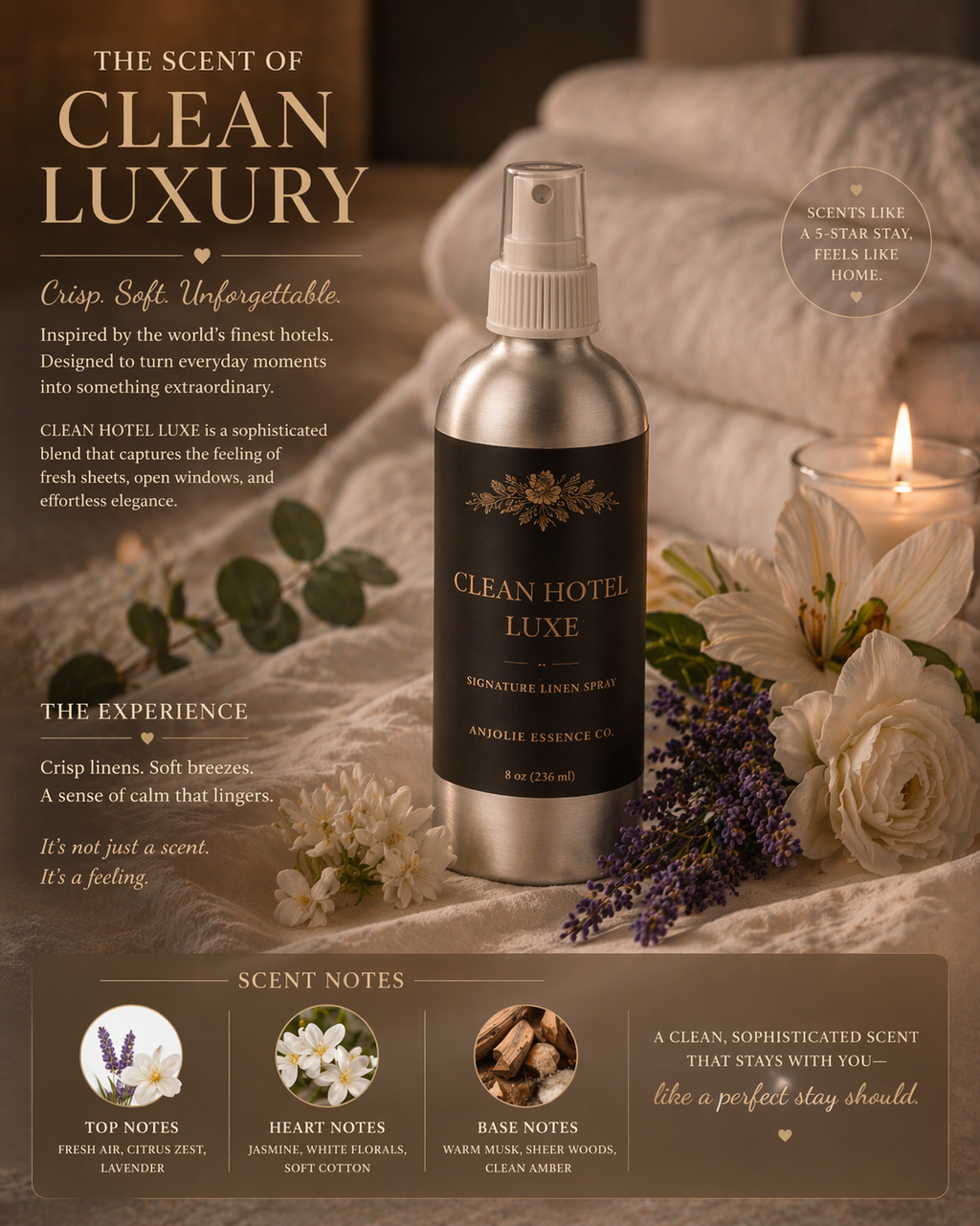 Clean Hotel Signature Linen Spray 8 Oz Alcohol Based Fresh Scent For Bedding And Fabrics by Anjolie's Essence Co.