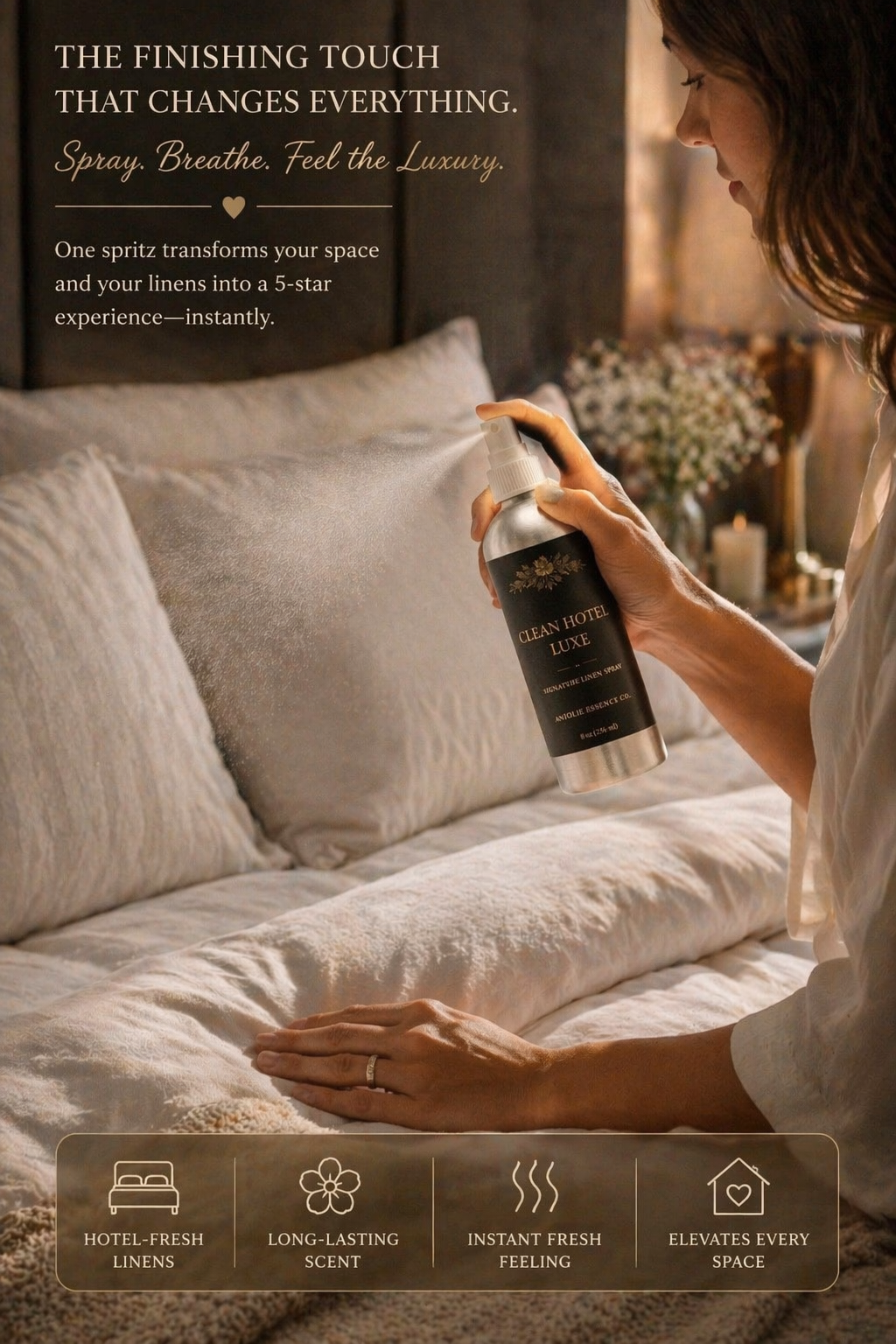 Clean Hotel Signature Linen Spray 8 Oz Alcohol Based Fresh Scent For Bedding And Fabrics by Anjolie's Essence Co.