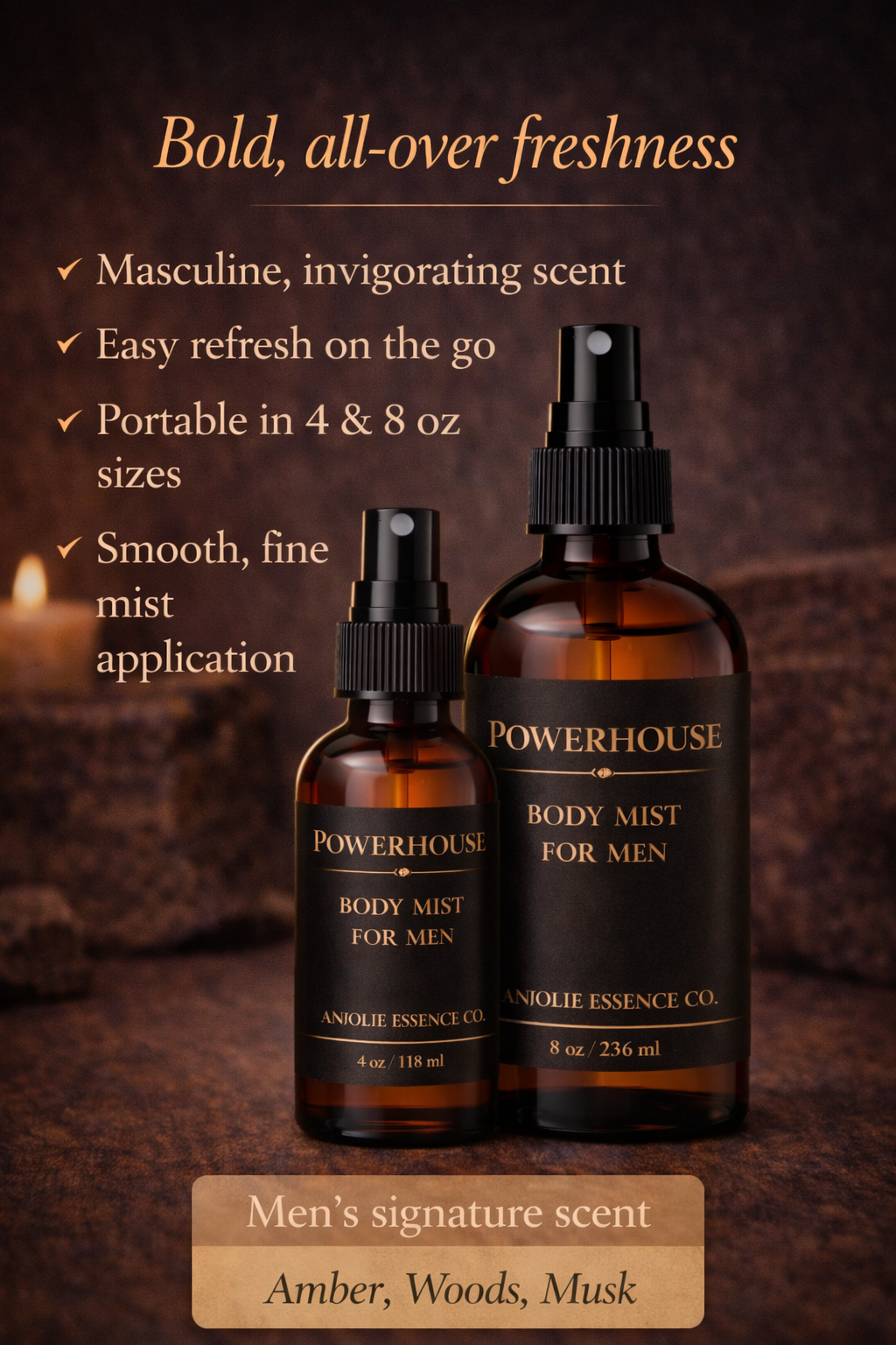 Powerhouse Mens Body Mist with Fresh Woods Amber and Musk by Anjolie's Essence Co.