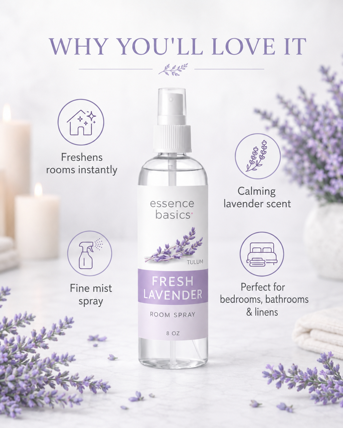 Fresh Lavender Room and Linen Spray 8 Oz Calming Home Fabric Mist by Anjolie's Essence Co.