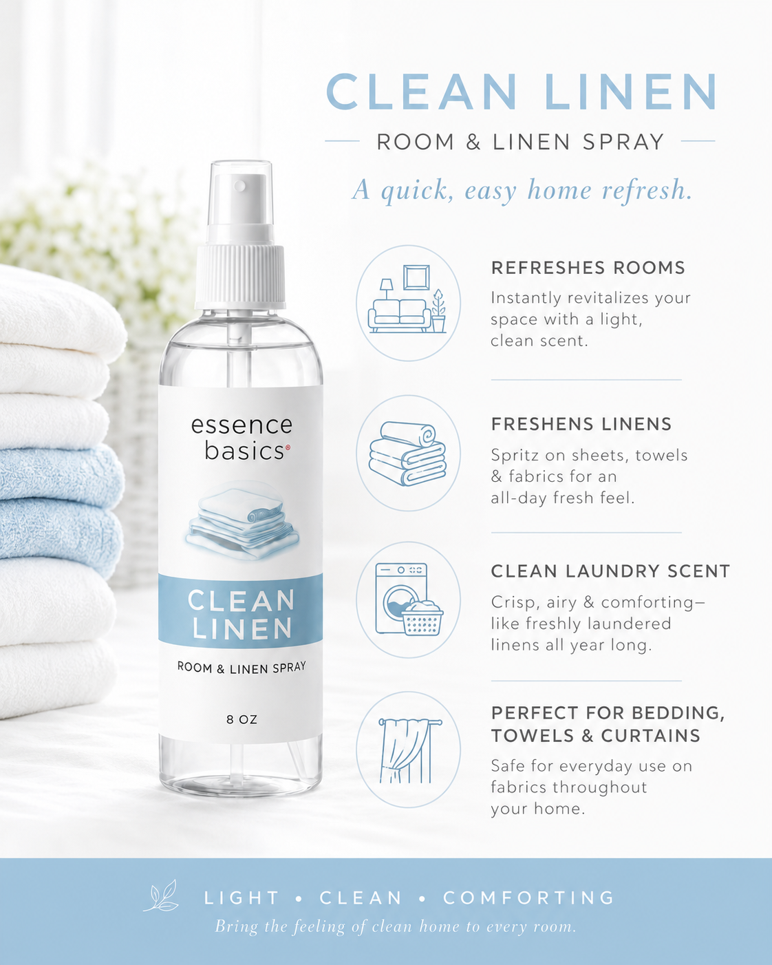 Clean Linen Room and Linen Spray 8 Oz Fresh Fabric and Home Mist by Anjolie's Essence Co.