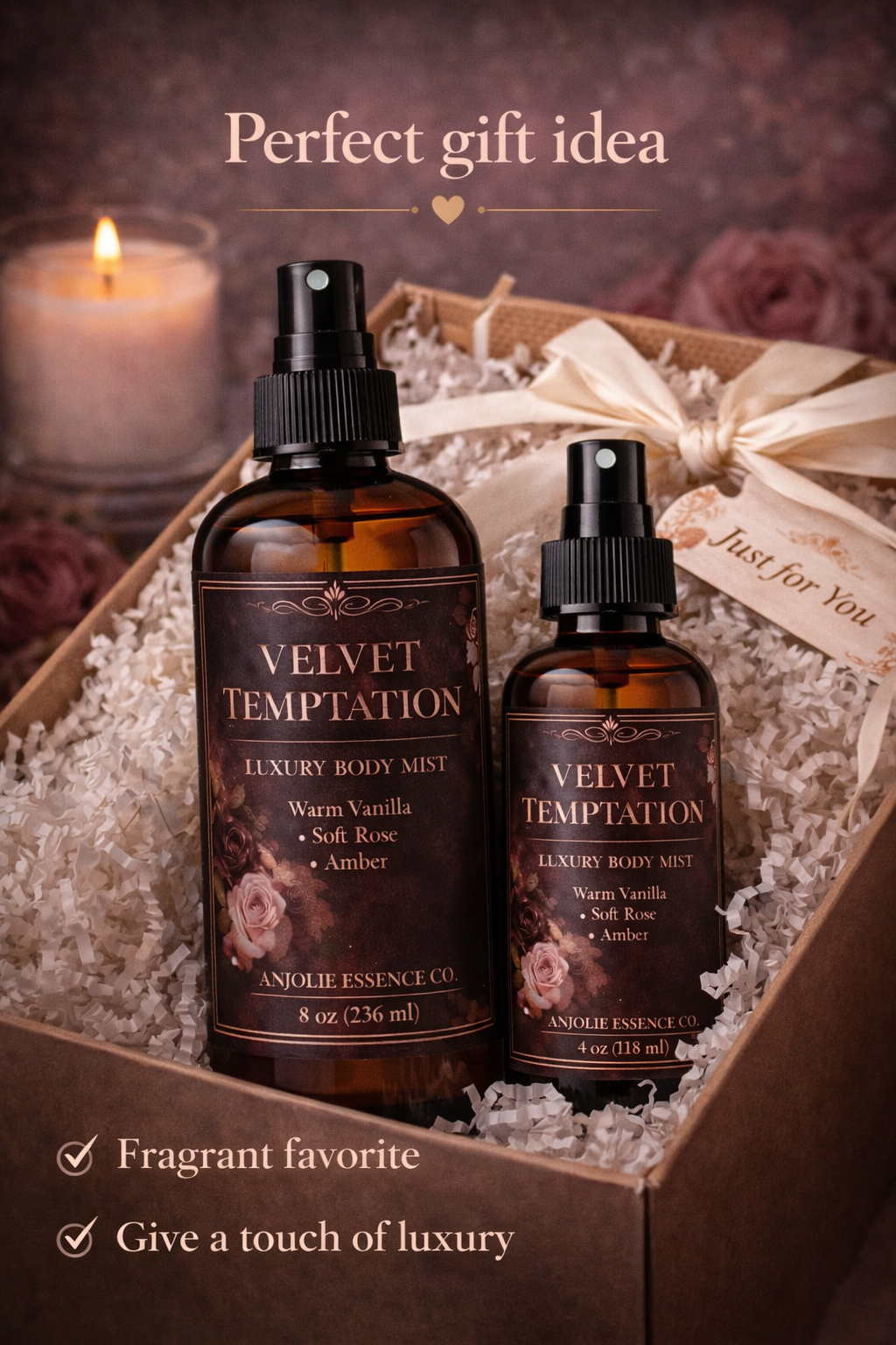 Velvet Temptation Luxury Body Mist By Anjolie Essence Co For Women Long Lasting Soft Rose Vanilla Amber by Anjolie's Essence Co.