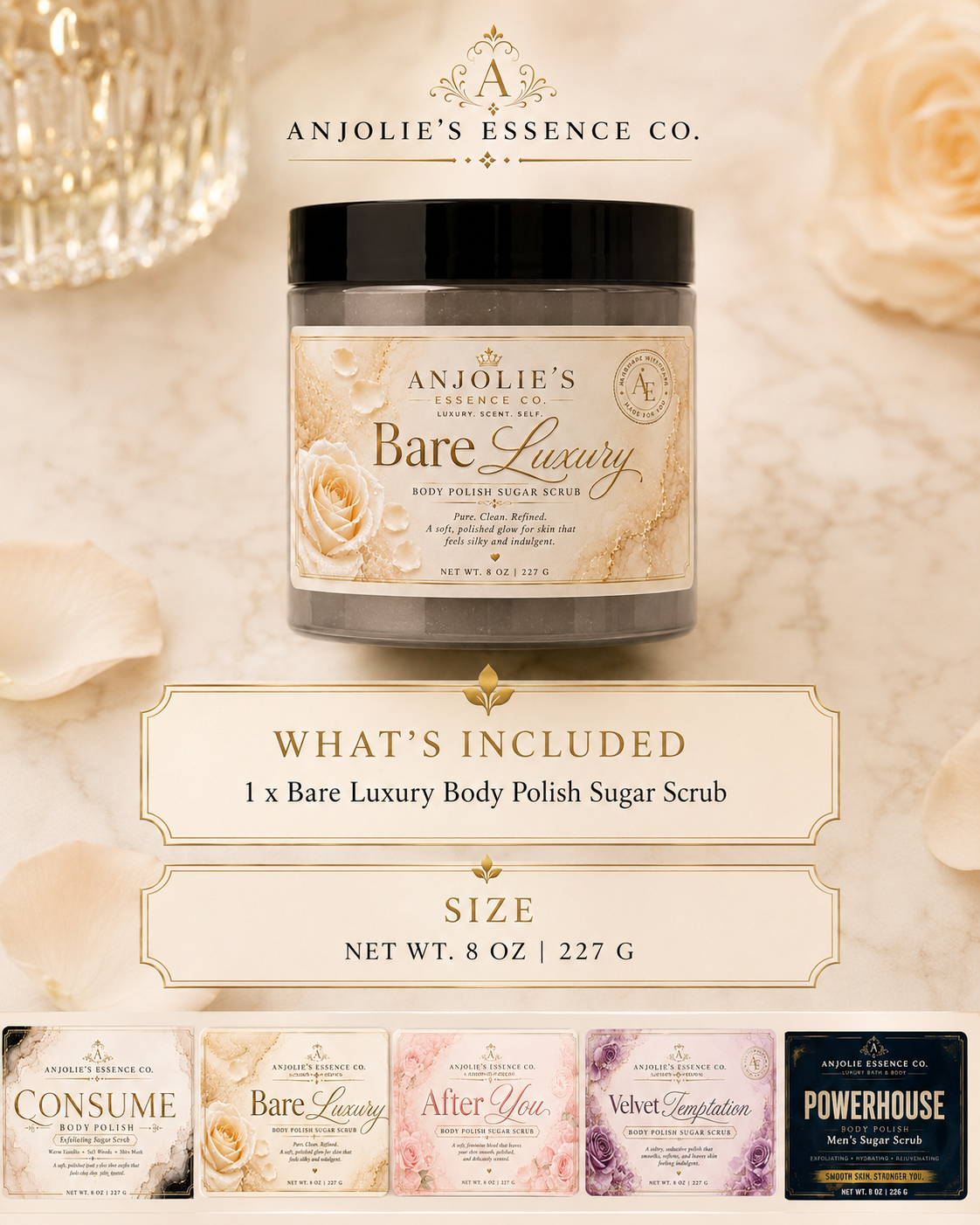 Bare Luxury Body Polish Sugar Scrub 8 Oz Clean Linen Musk Scent by Anjolie's Essence Co.
