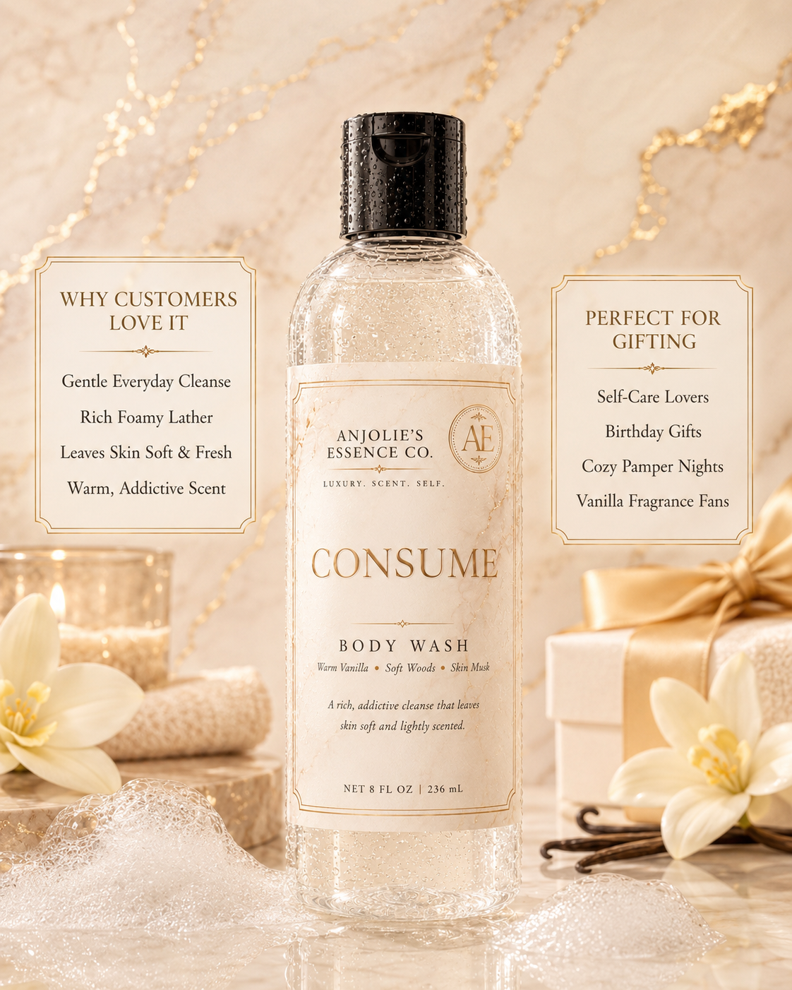 Consume Body Wash 8 Oz Warm Vanilla Woods And Skin Musk Fragrance Scented Cleanser by Anjolie's Essence Co.