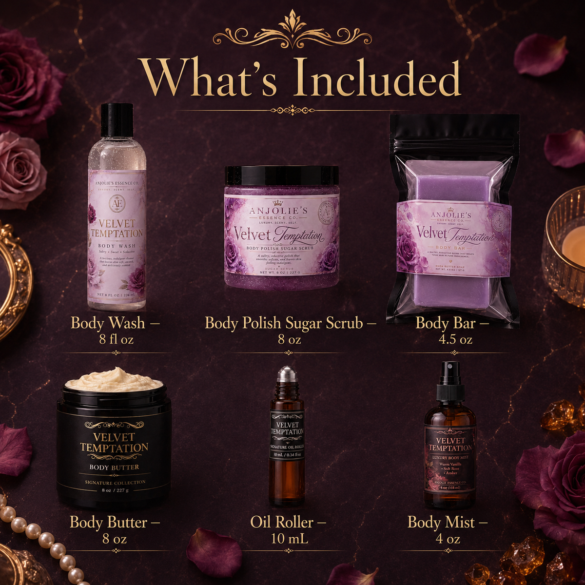 Velvet Temptation 6 Piece Bath and Body Gift Set Luxury Fragrance Routine by Anjolie's Essence Co.
