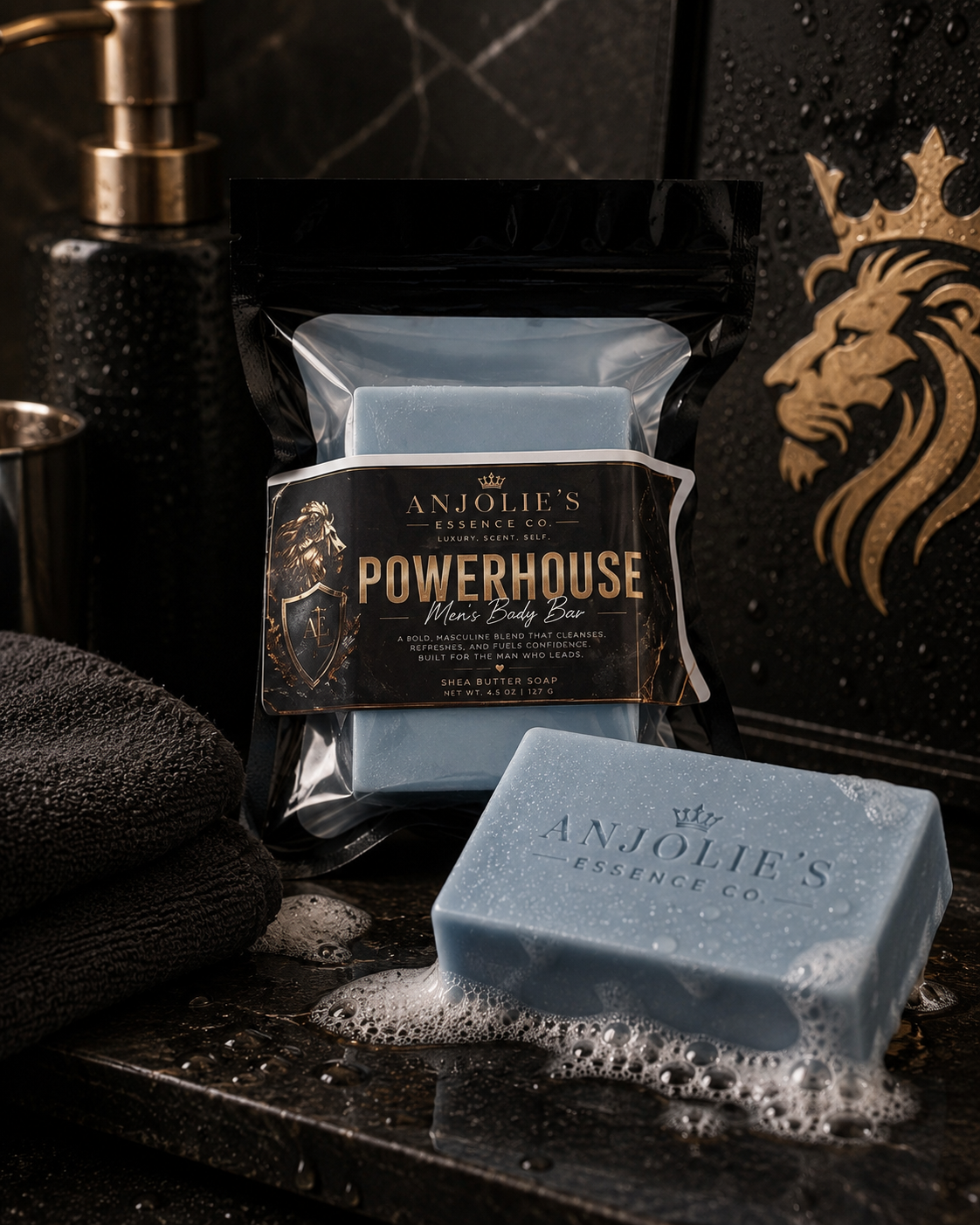 Powerhouse Mens Body Bar Soap 4.5 Oz With Fresh Woods Amber And Musk by Anjolie's Essence Co.