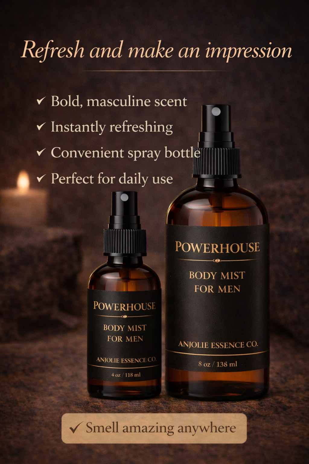 Powerhouse Mens Body Mist with Fresh Woods Amber and Musk by Anjolie's Essence Co.