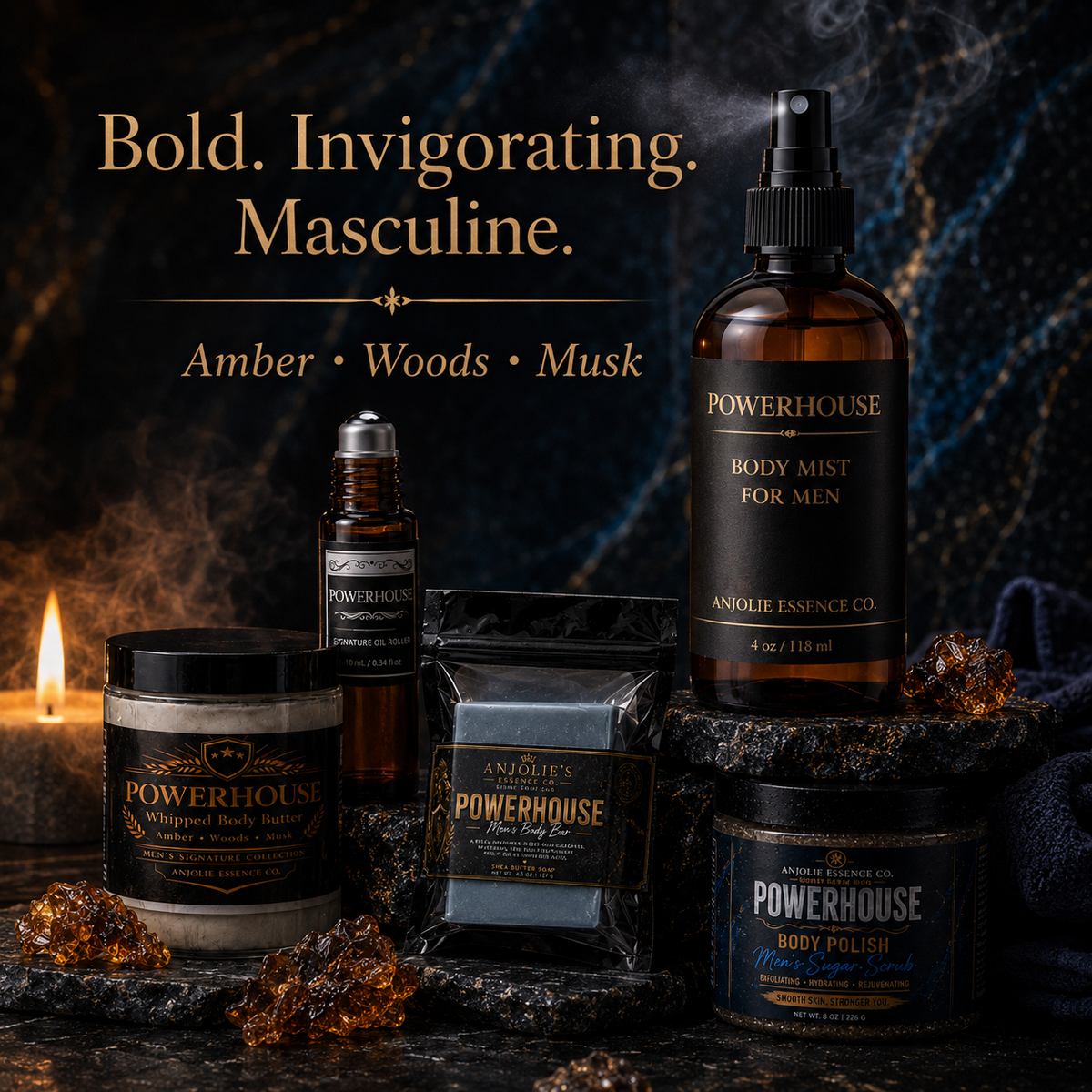 Powerhouse Mens 6 Piece Bath and Body Gift Set for Men Grooming Routine by Anjolie's Essence Co.
