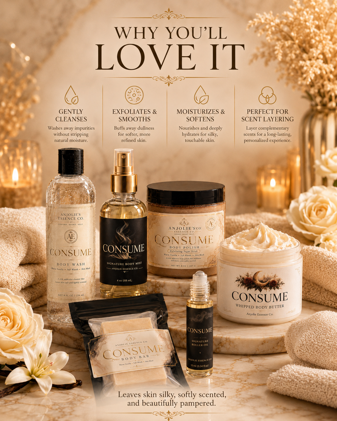 Anjolie Essence Co Consume Six Piece Bath And Body Gift Set Vanilla Fragrance by Anjolie's Essence Co.