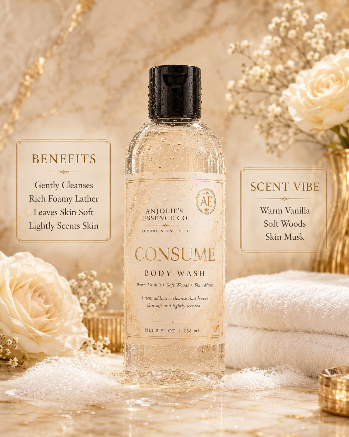 Consume Body Wash 8 Oz Warm Vanilla Woods And Skin Musk Fragrance Scented Cleanser by Anjolie's Essence Co.