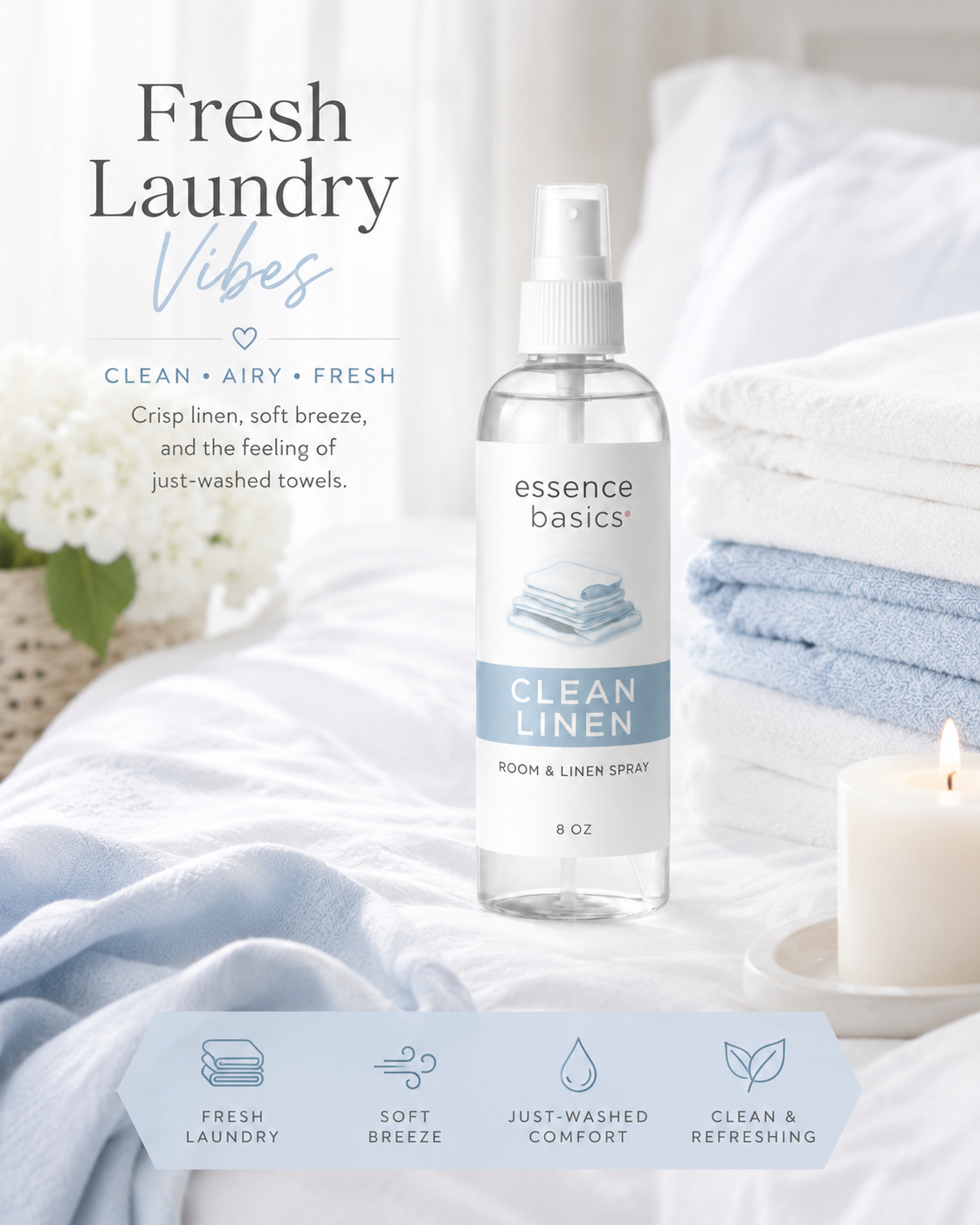 Clean Linen Room and Linen Spray 8 Oz Fresh Fabric and Home Mist by Anjolie's Essence Co.
