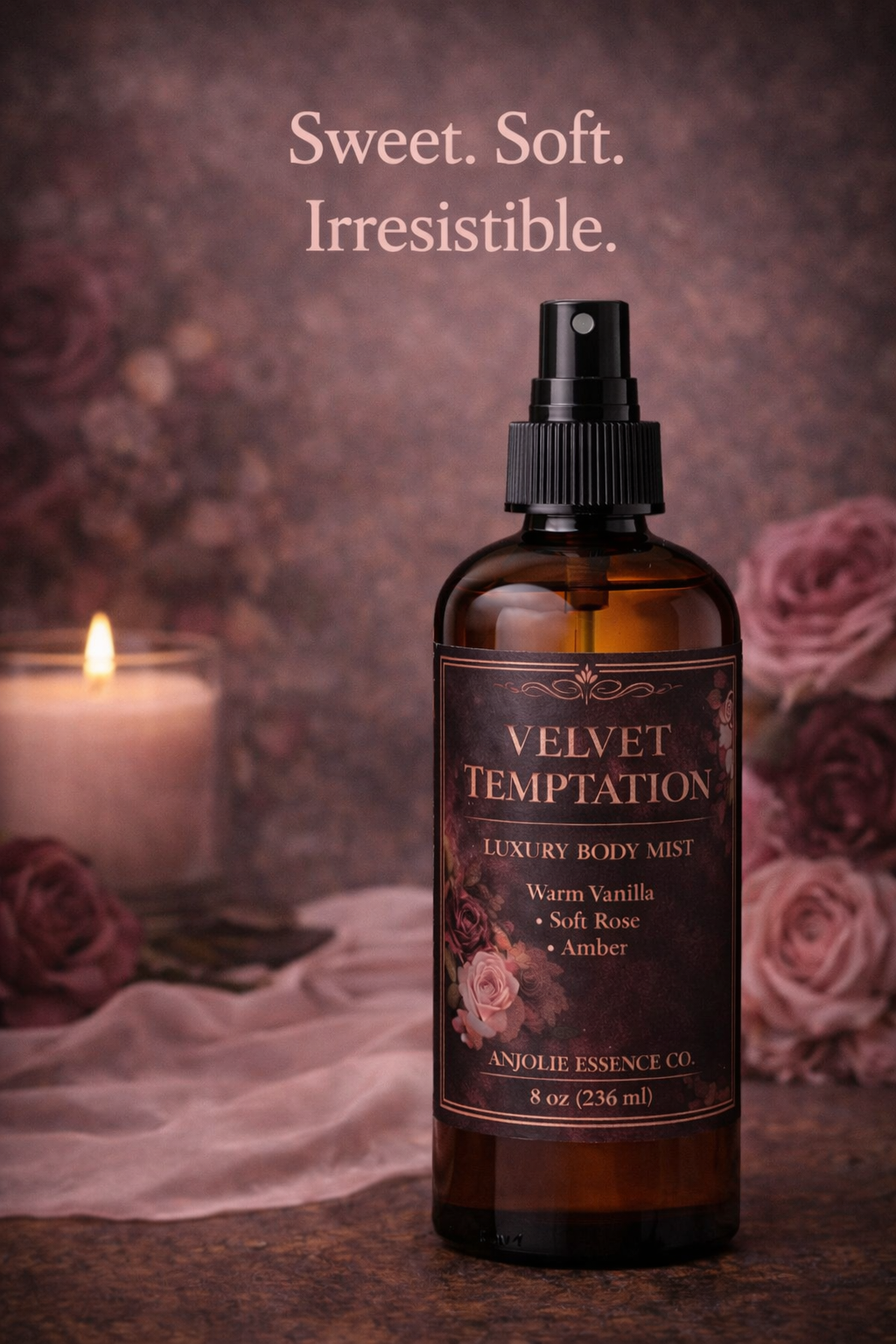 Velvet Temptation Luxury Body Mist By Anjolie Essence Co For Women Long Lasting Soft Rose Vanilla Amber by Anjolie's Essence Co.