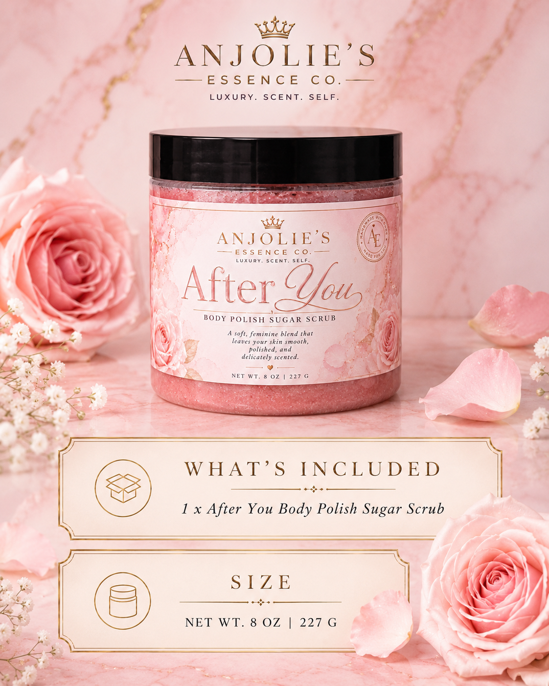 After You Body Polish Sugar Scrub 8 Oz With Soft Floral Musk by Anjolie's Essence Co.