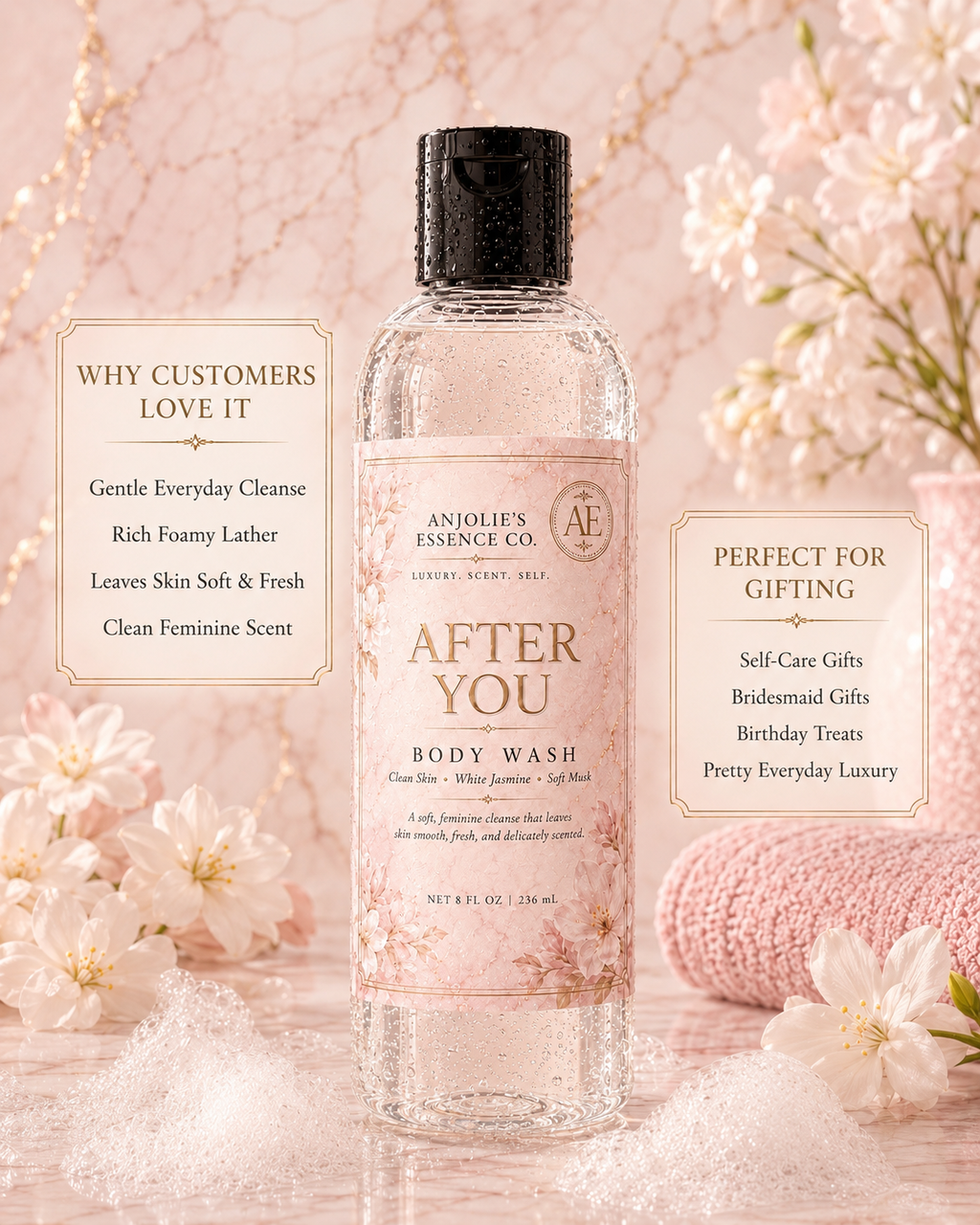 After You Body Wash 8 Oz Soft Floral Musk Shower Gel With Jasmine by Anjolie's Essence Co.