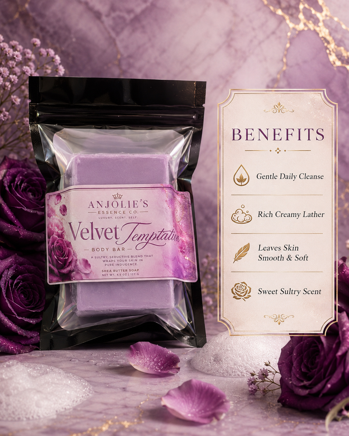 Velvet Temptation Body Bar Soap Four And A Half Ounce Warm Vanilla Floral Fragrance by Anjolie's Essence Co.